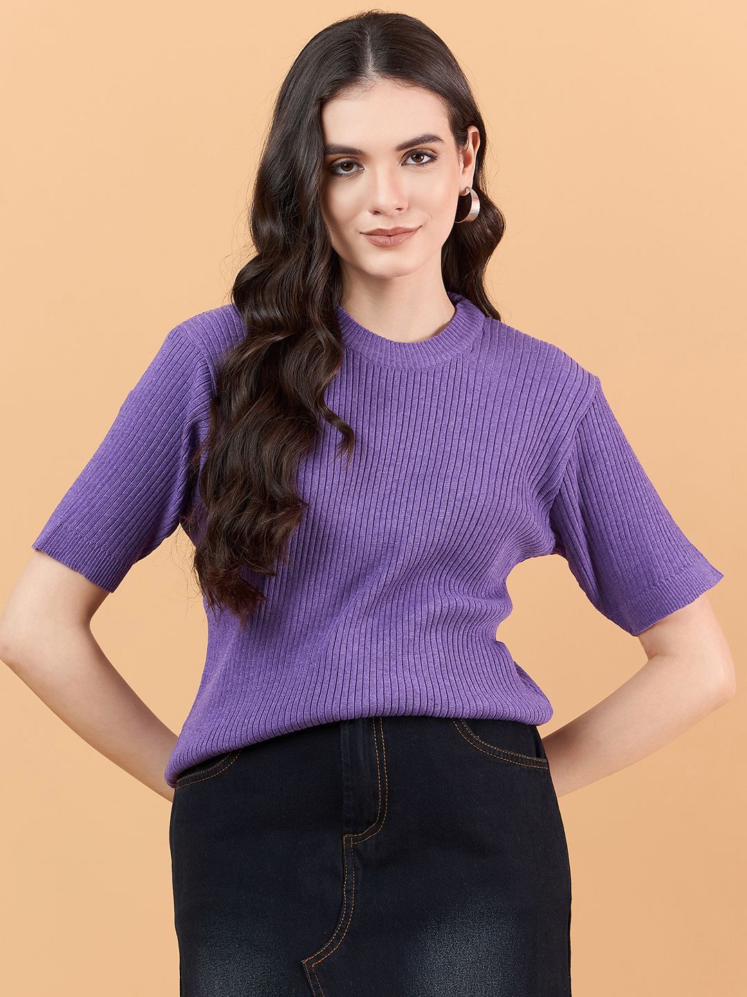 

CLAPTON Women Self Design Round Neck Knitted T-shirt, Purple