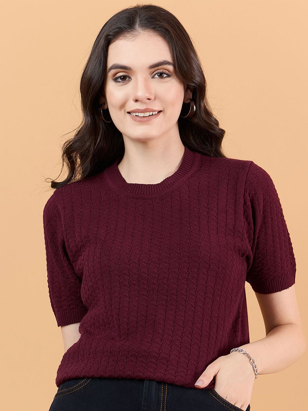 

CLAPTON Women Self Design Round Neck Knitted T-shirt, Maroon