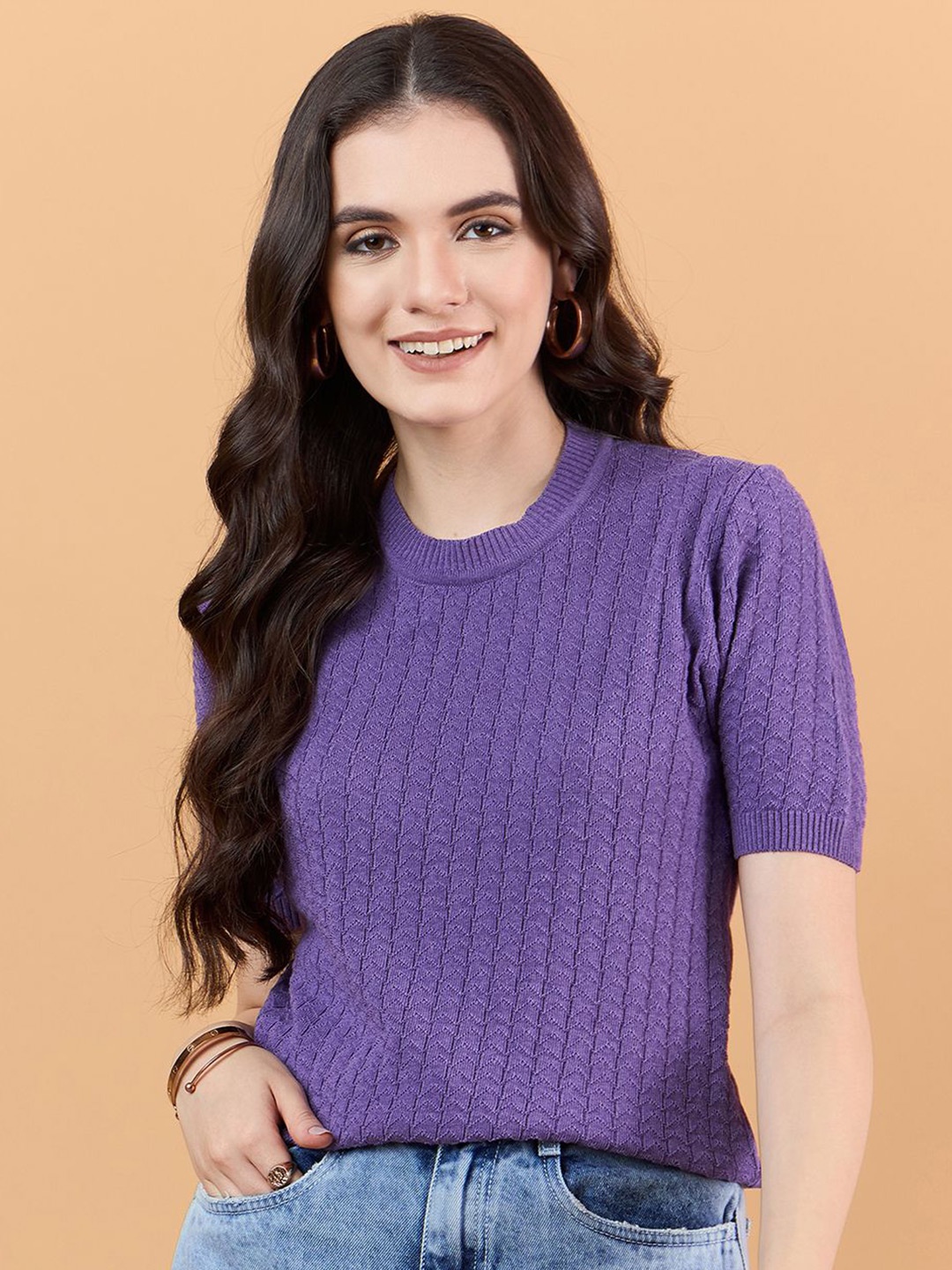 

CLAPTON Women Self Design Striped Round Neck Knitted T-shirt, Purple