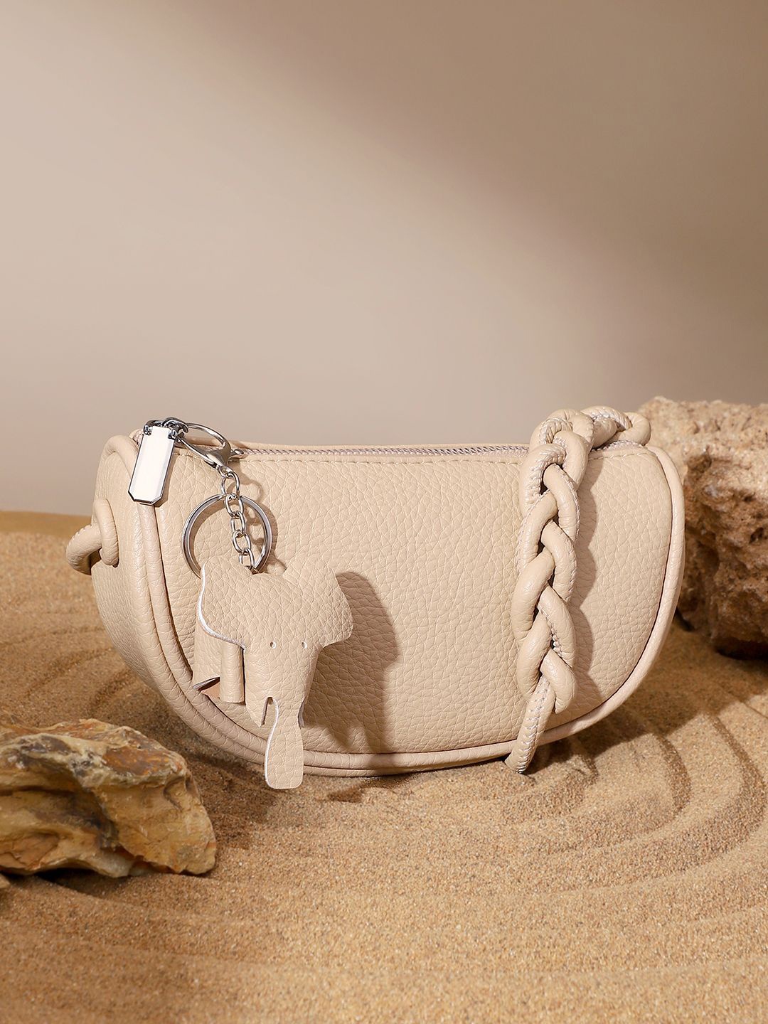 HAUTE SAUCE by Campus Sutra Textured Leather Structured Shoulder Bag, Beige