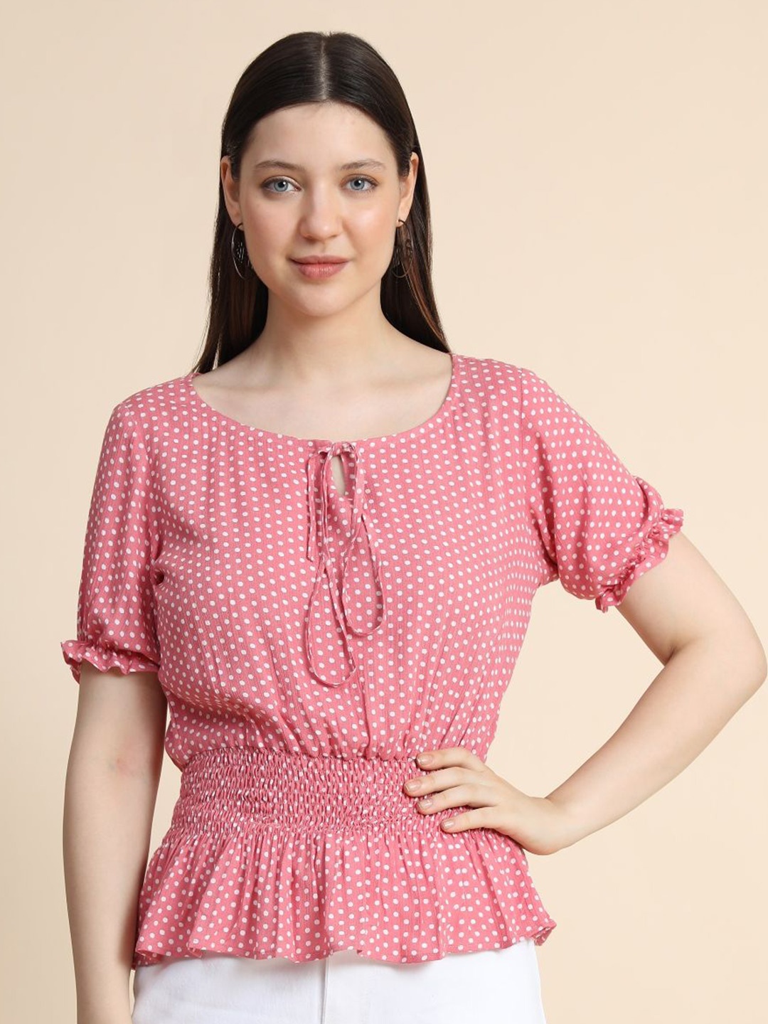 

BAESD Polka Dots Printed Tie-Up Neck Smocked Cinched Waist Top, Pink