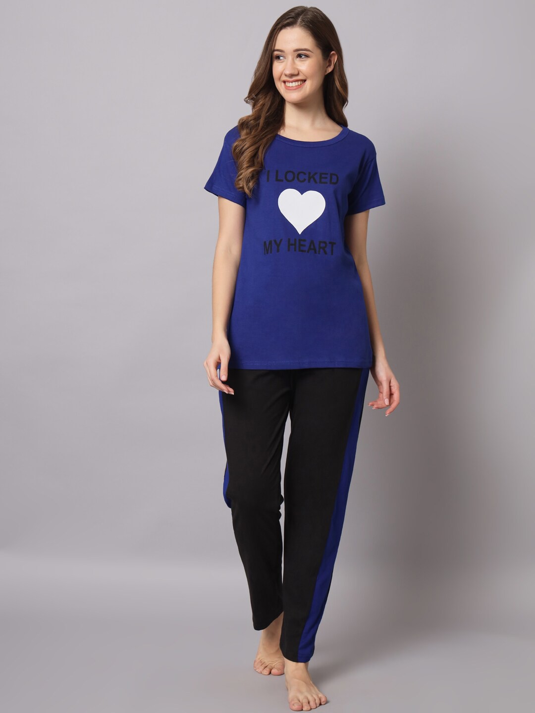 

Funday Fashion Graphic Printed Cotton Round Neck Night suit, Blue