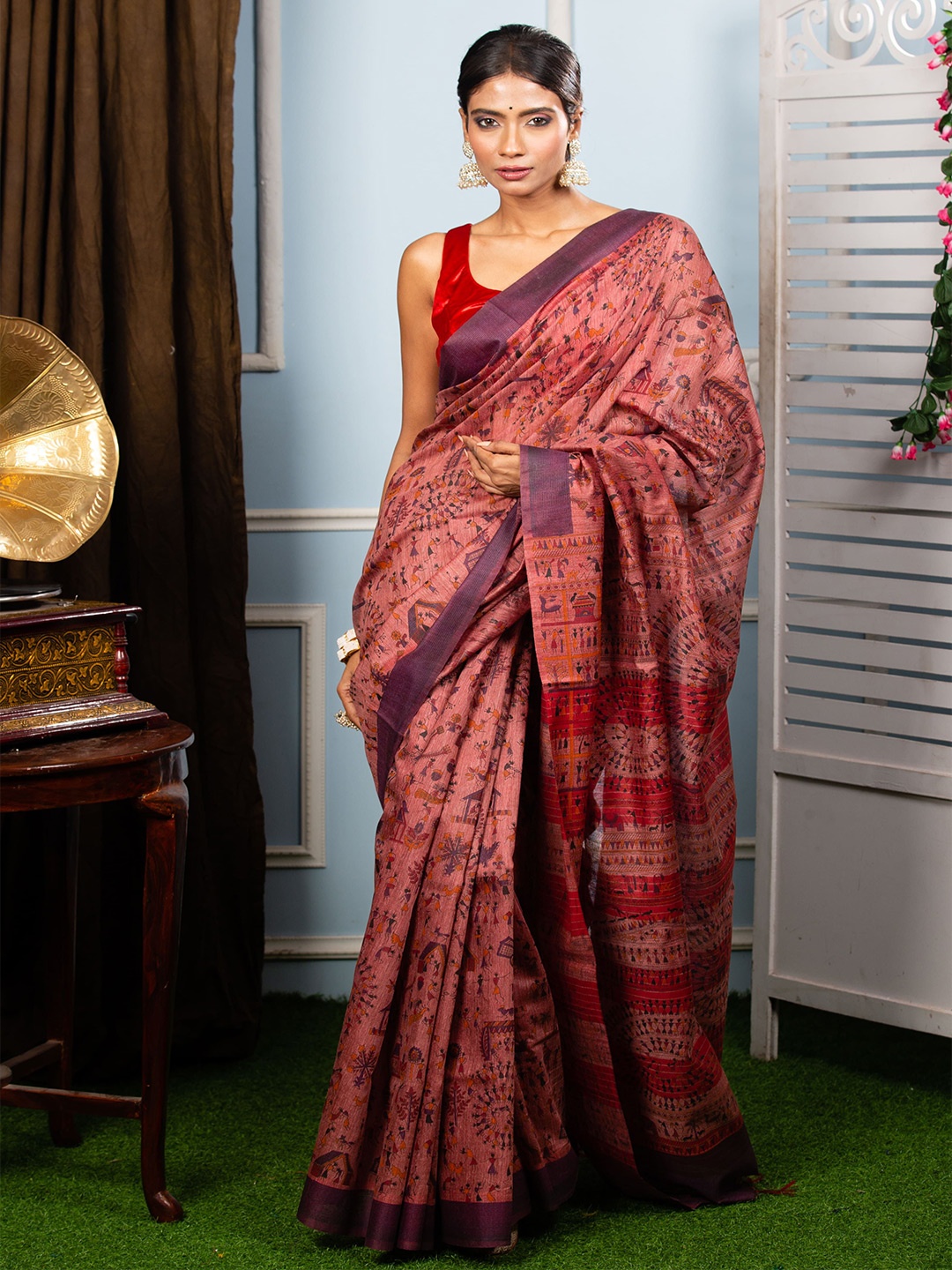 

Urbane Essence Warli Pure Cotton Saree, Red