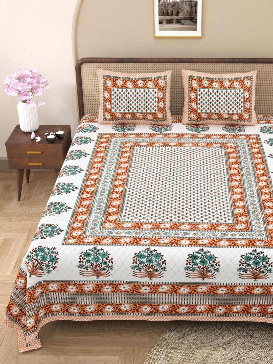 

Urban Jaipur Orange & Green 200 TC King Bedsheet with 2 Pillow Covers