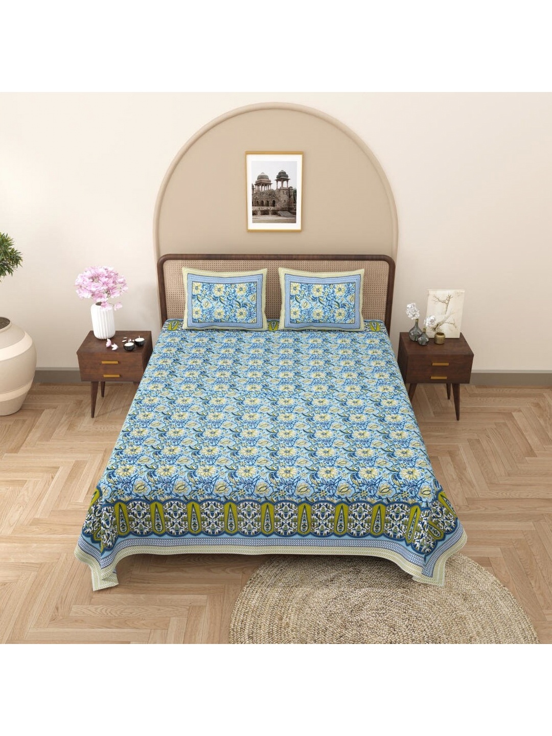 

Urban Jaipur Navy Blue & Green Floral 200 TC King Bedsheet with 2 Pillow Covers