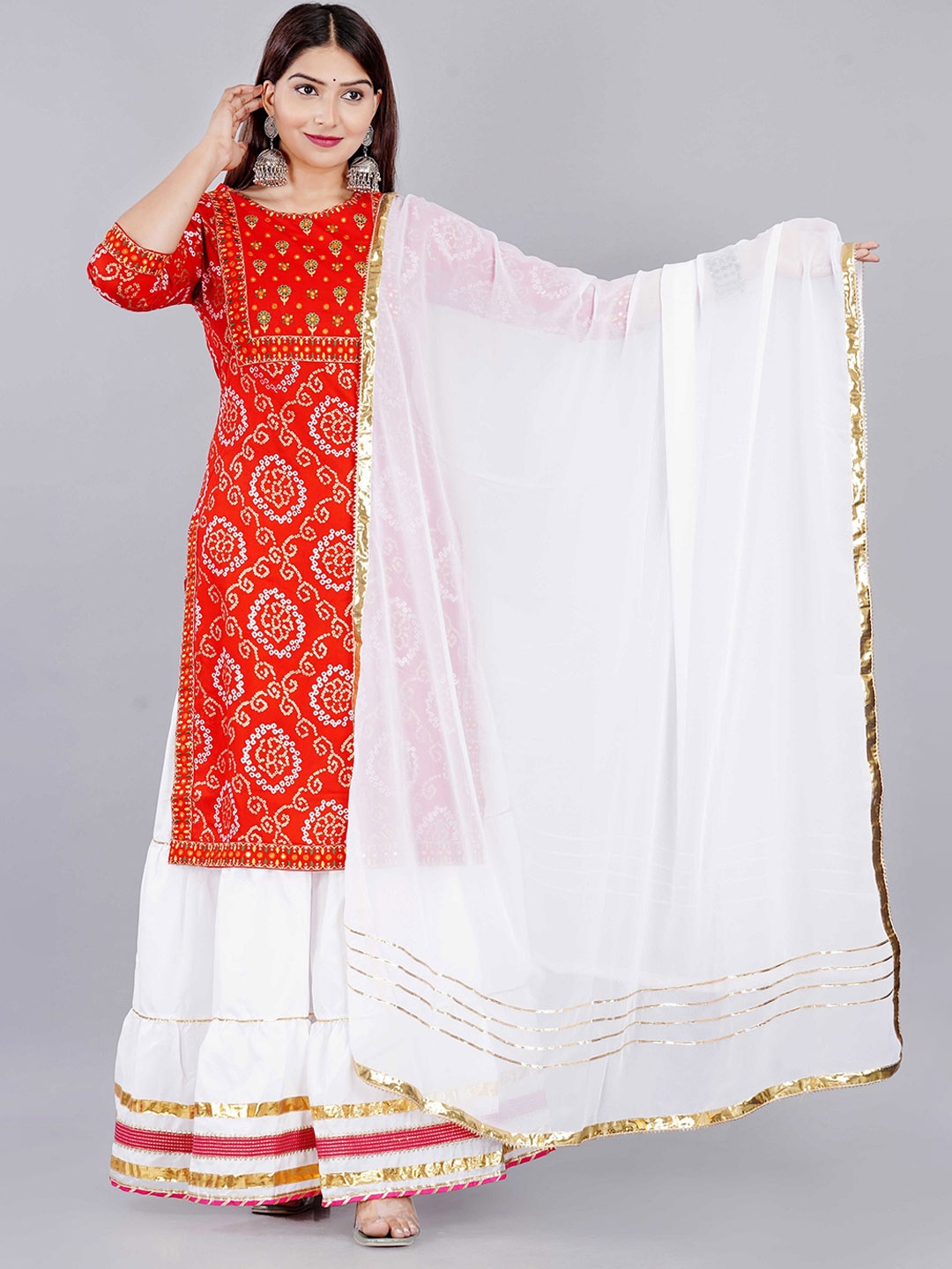 

ELVISH JAIPUR Bandhani Printed Round Neck Gotta Patti Straight Kurta with Skirt & Dupatta, Red