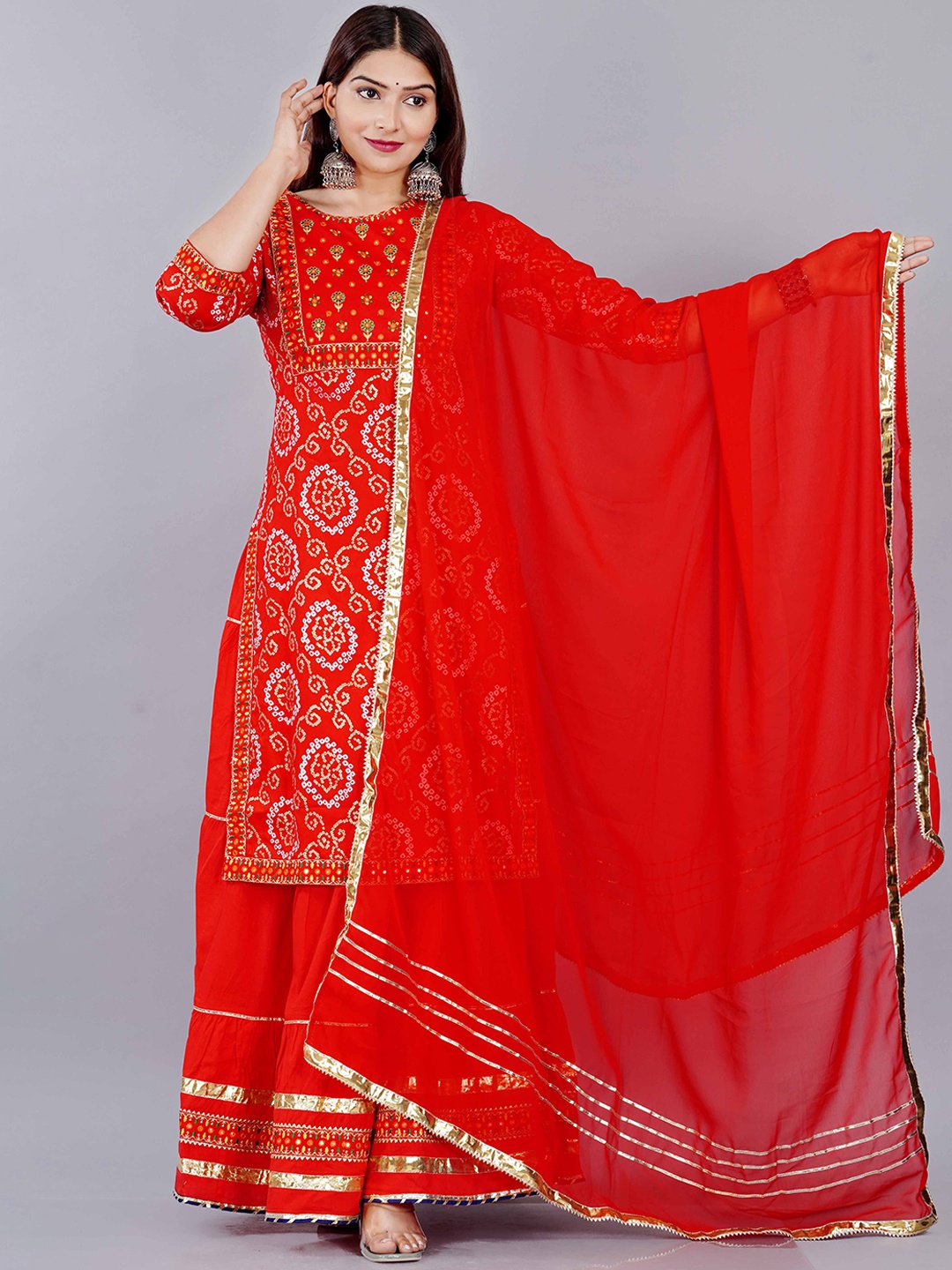 

ELVISH JAIPUR Bandhani Embroidered Round Neck Thread Work Kurta with Skirt & Dupatta, Red