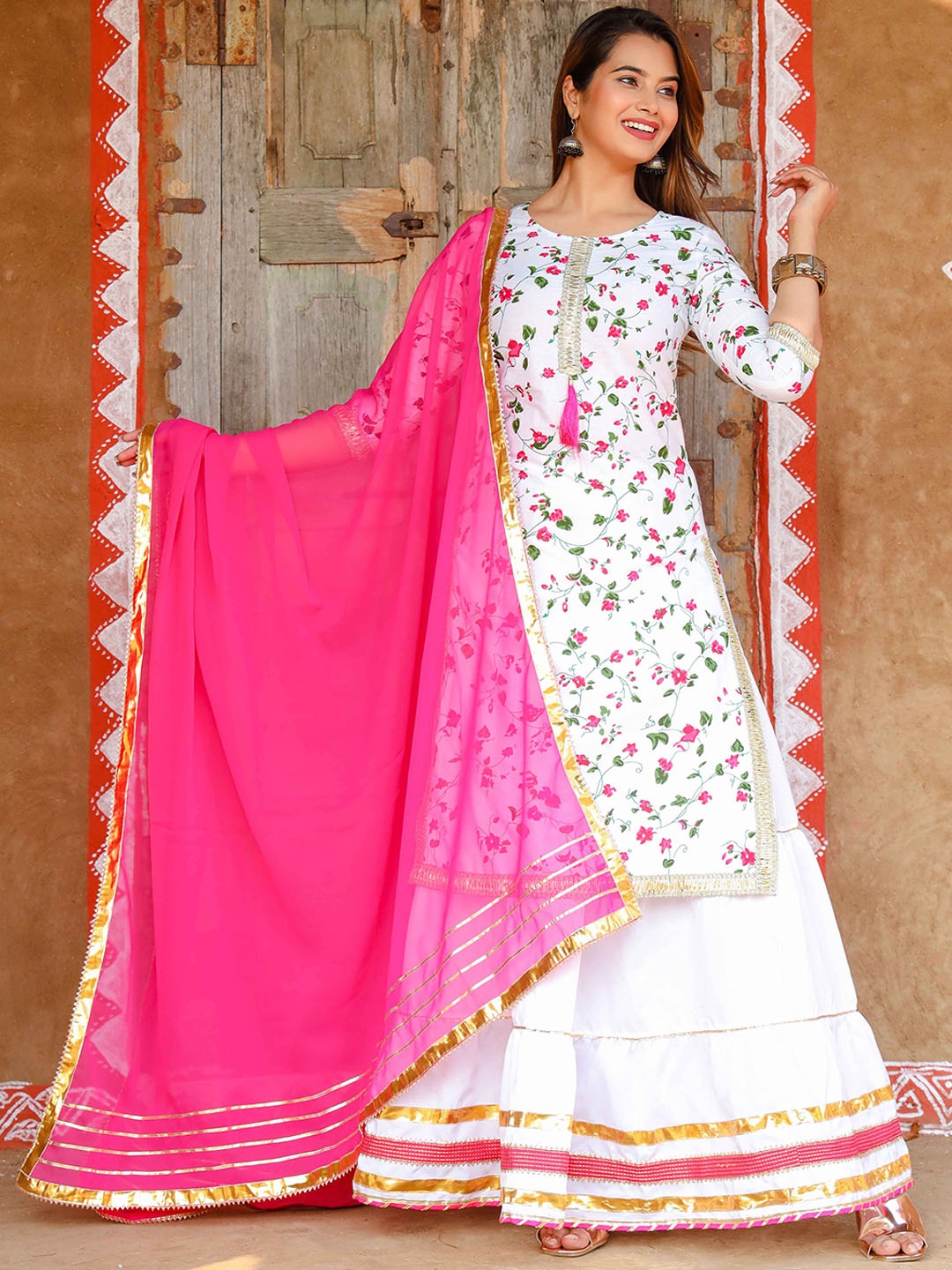 

ELVISH JAIPUR Floral Printed Round Neck Gotta Patti Pure Cotton Kurta with Skirt & Dupatta, White