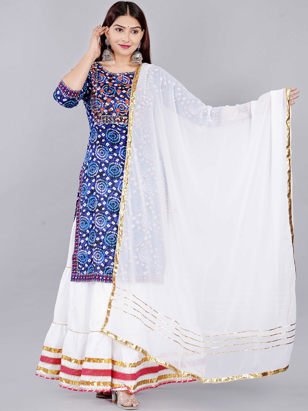 

ELVISH JAIPUR Bandhani Printed Round Neck Gotta Patti Kurta with Skirt & Dupatta, Turquoise blue