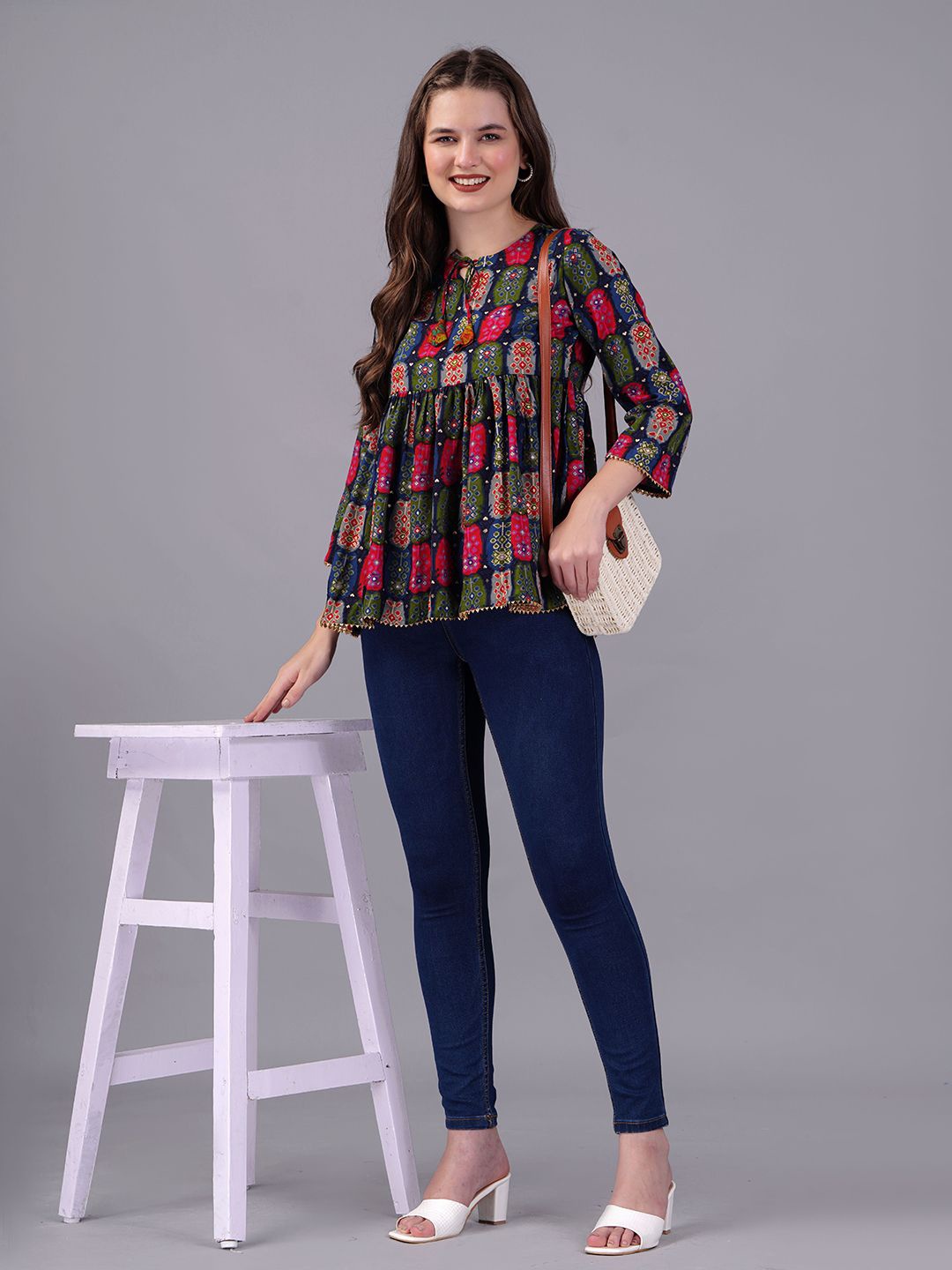 

KPF Ethnic Motifs Printed Tie-Up Neck A-Line Top, Green