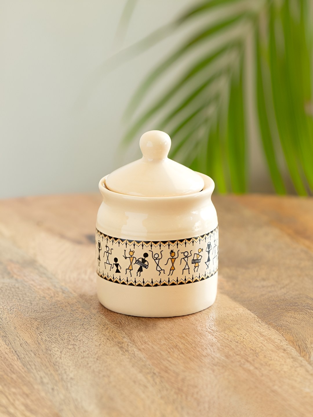 

ExclusiveLane Ivory White & Black Art Of Warli Ceramic Jar 280 ml, Cream