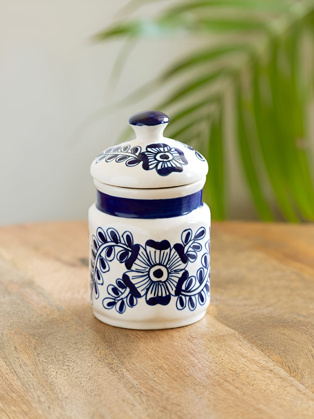 

ExclusiveLane Mughal Gardens Navy Blue & White Ceramic Jar 420 ml