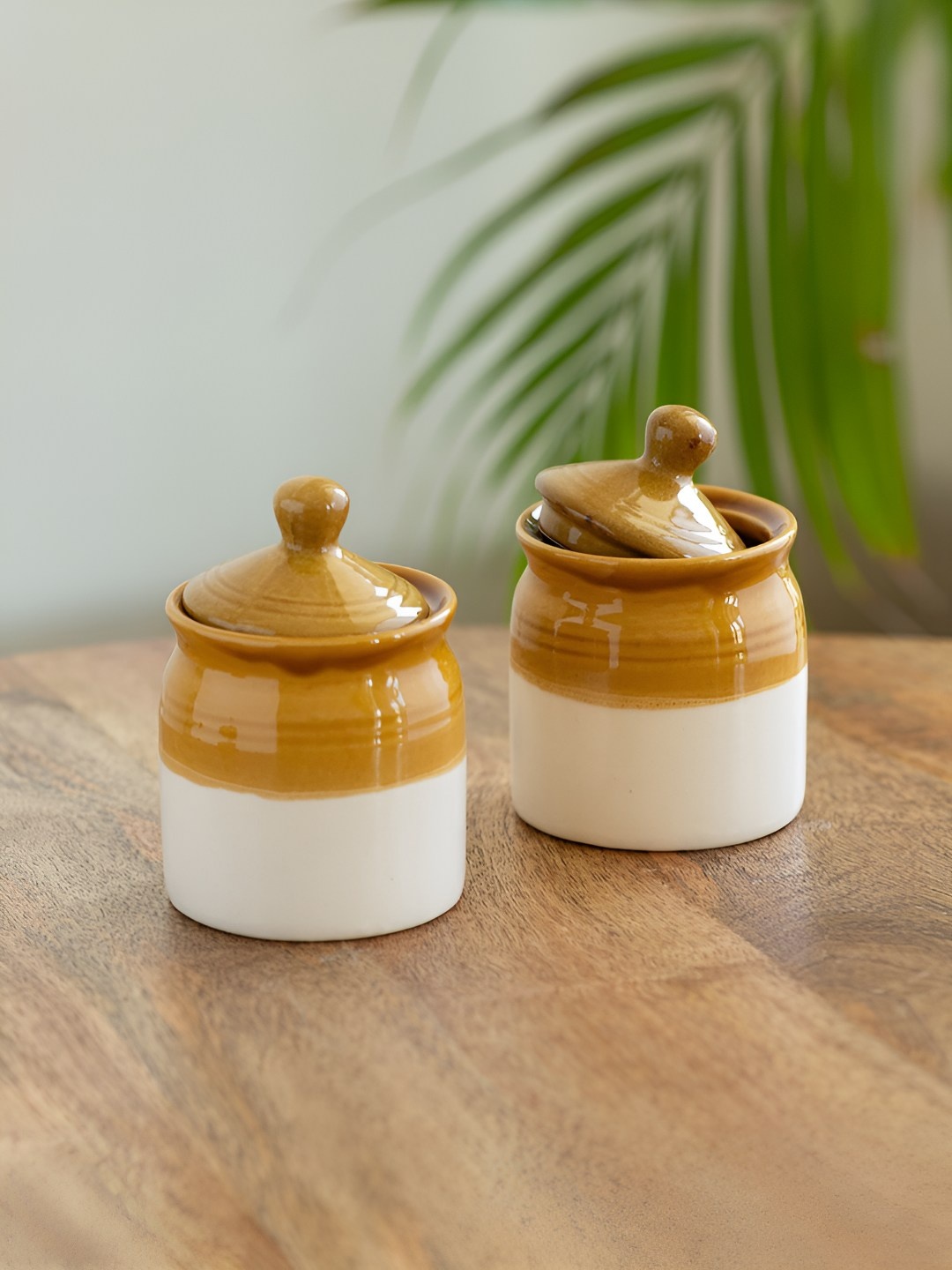 

ExclusiveLane White & Brown 2 Pieces Old Martaban Ceramic Pickle Jars 280 ml