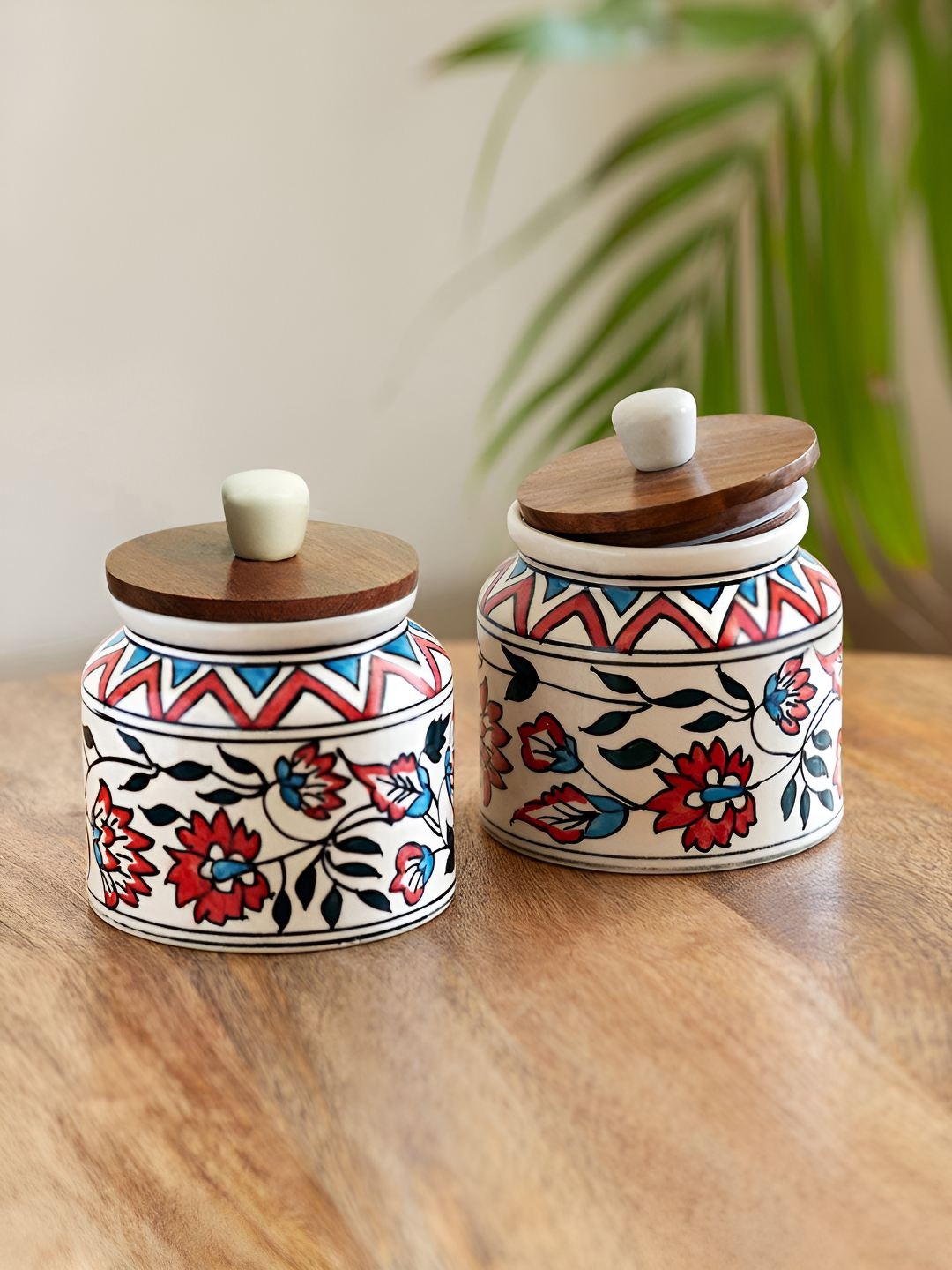 

ExclusiveLane White & Brown 2 Pieces Persian Floral Multipurpose Jars 660 ml