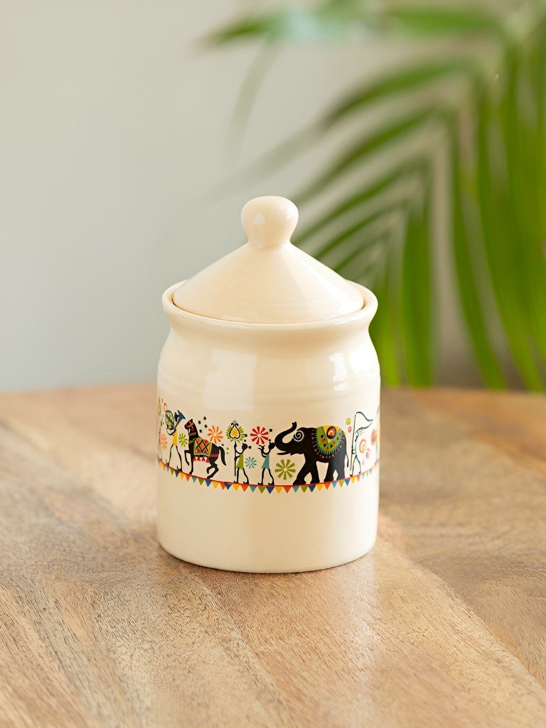 

ExclusiveLane Ivory White Elephant Motif Ceramic Jar, Cream