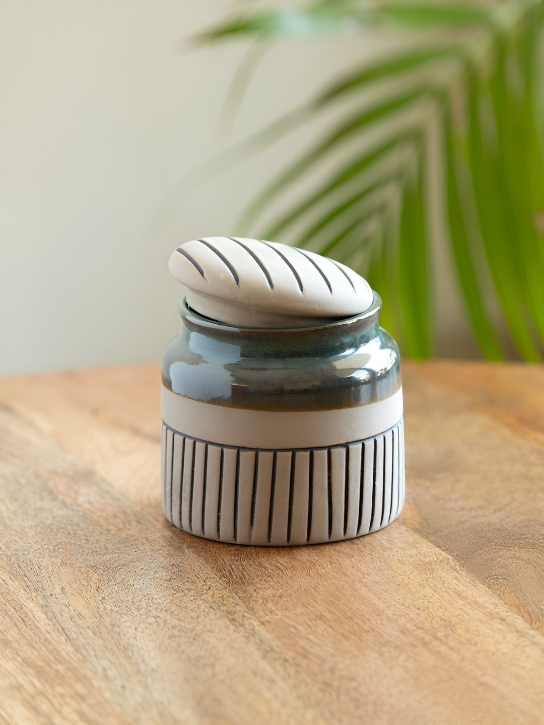 

ExclusiveLane Grey & Teal Pine Incise Ceramic Jar 480 ml