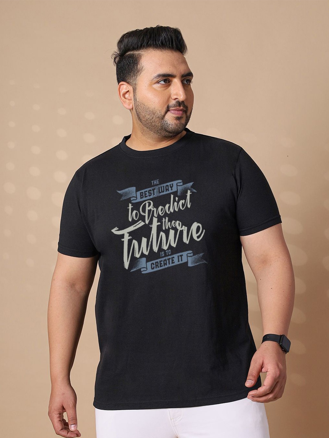 

bigbanana Men Typography Printed Plus Size Round Neck T-shirt, Black