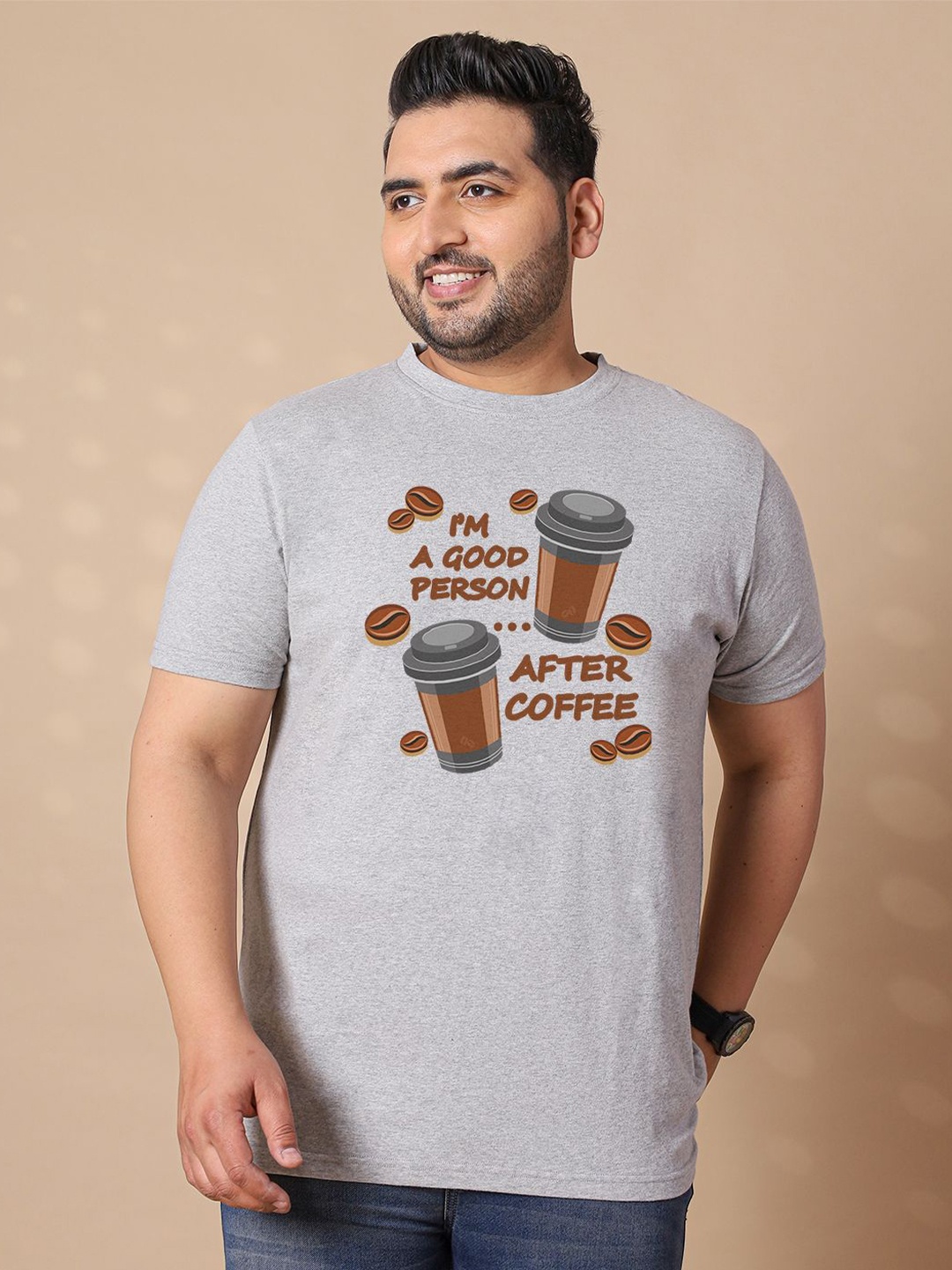

bigbanana Men Typography Printed Plus Size Round Neck T-shirt, Grey