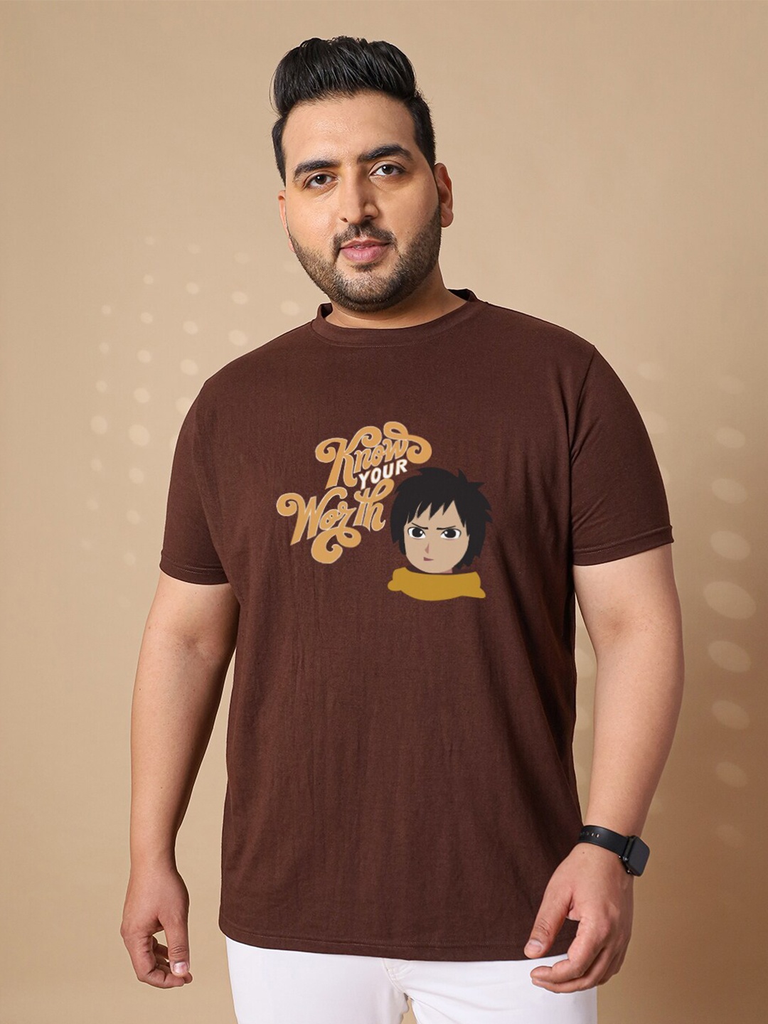 

bigbanana Men Typography Printed Plus Size Round Neck T-shirt, Brown