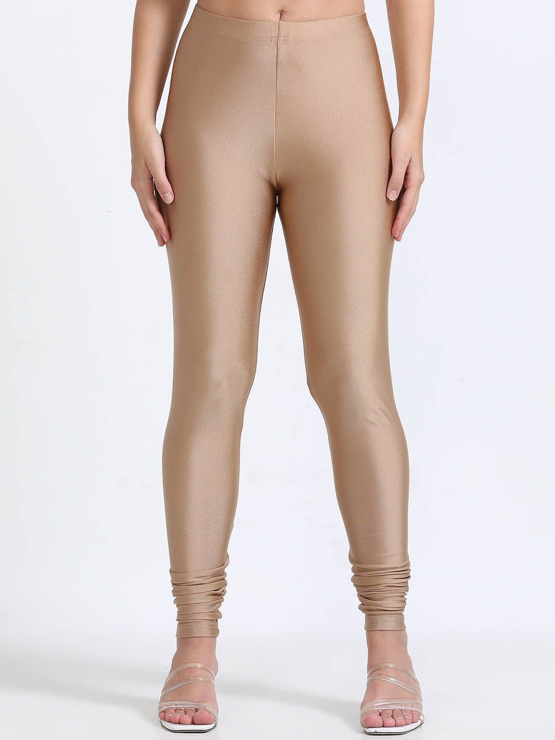 

Bottums Women Slim-Fit Shimmer Churidar Length Leggings, Bronze