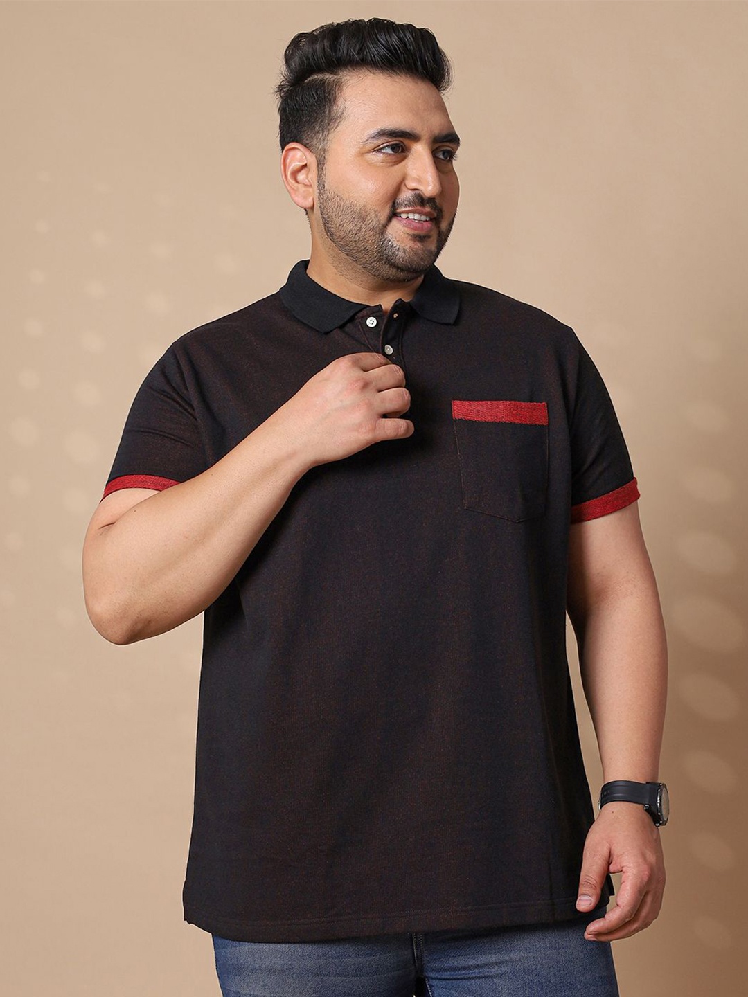 

bigbanana Men Solid Polo Collar Plus Size Pure Cotton Pocket T-shirt, Black