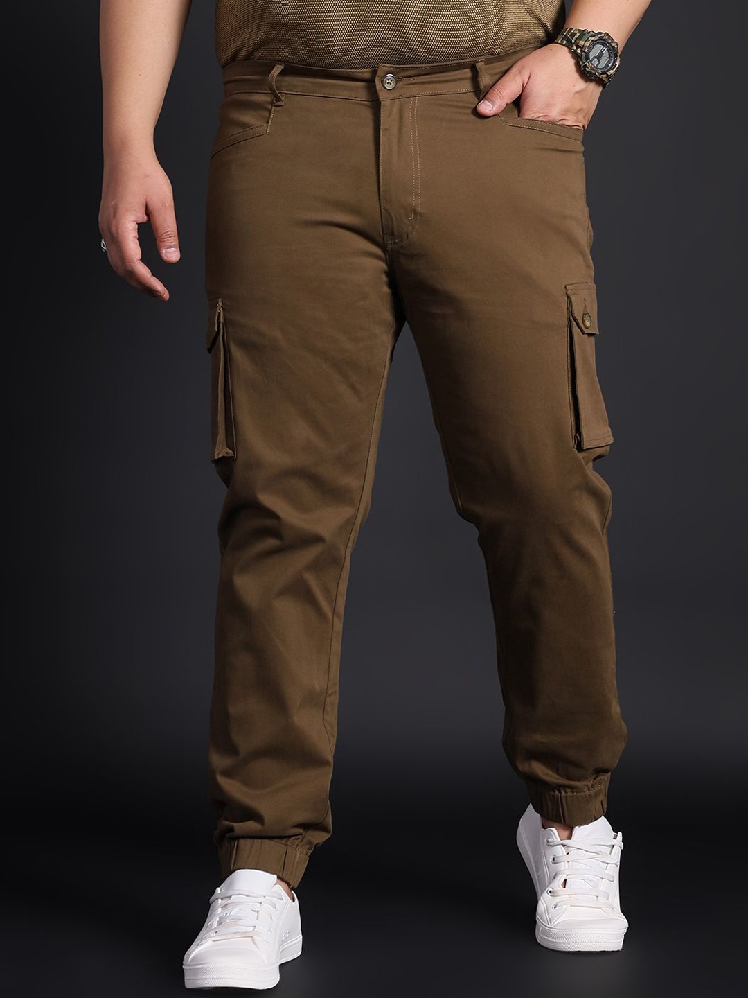 

bigbanana Men Plus Size Mid-Rise Regular Fit Pure Cotton Cargos Trousers, Brown