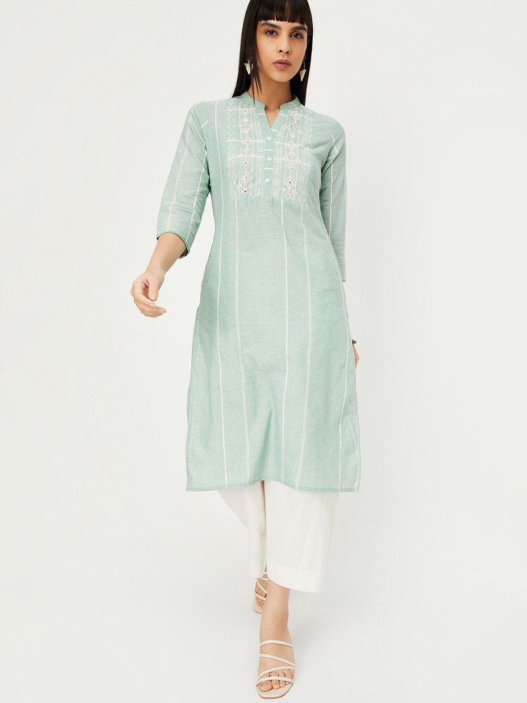 

max Ethnic Motifs Embroidered Mandarin Collar Thread Work Cotton Kurta, Green