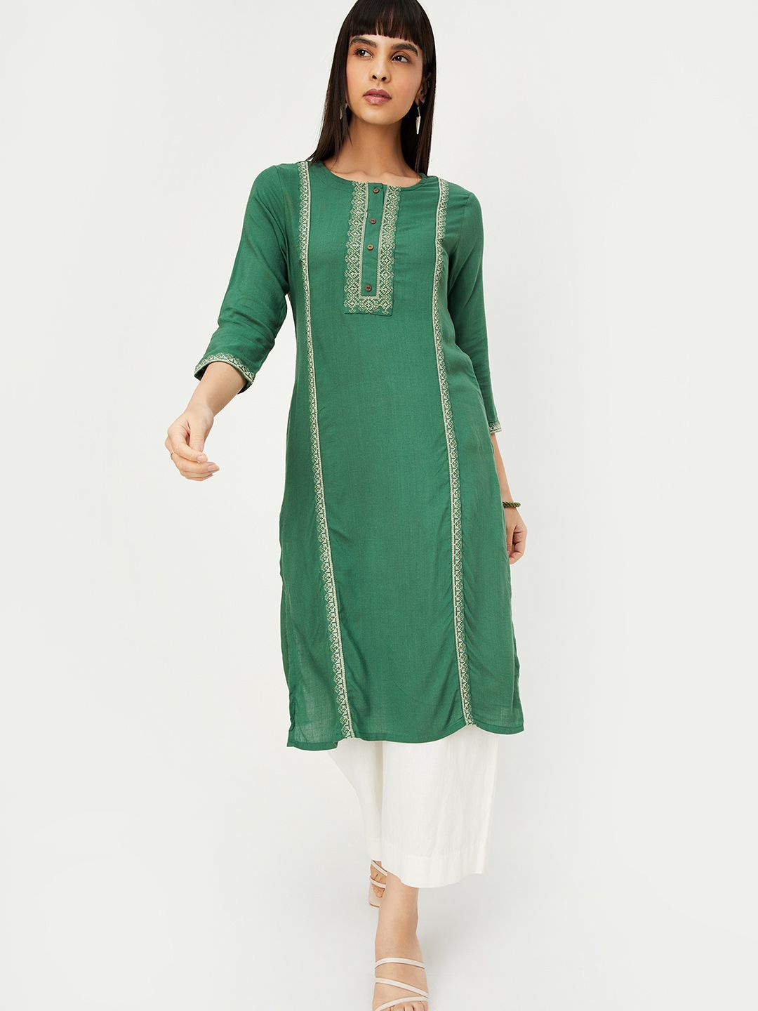 

max Women Embroidered Thread Work Kurta, Green