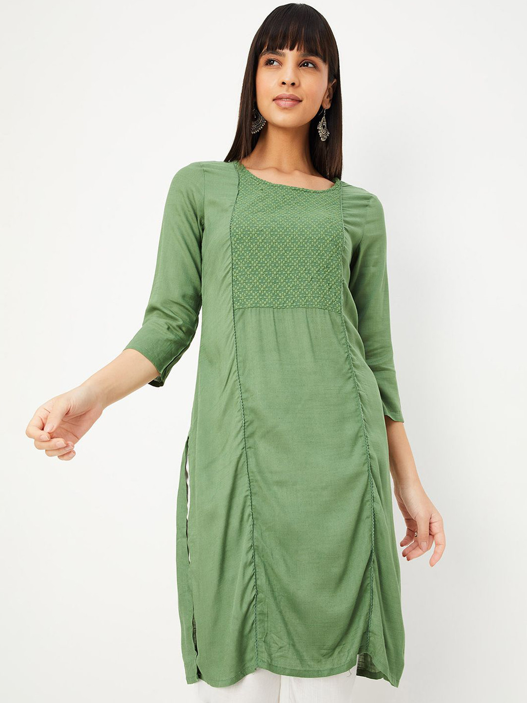 

max Women Embroidered Thread Work Kurta, Green