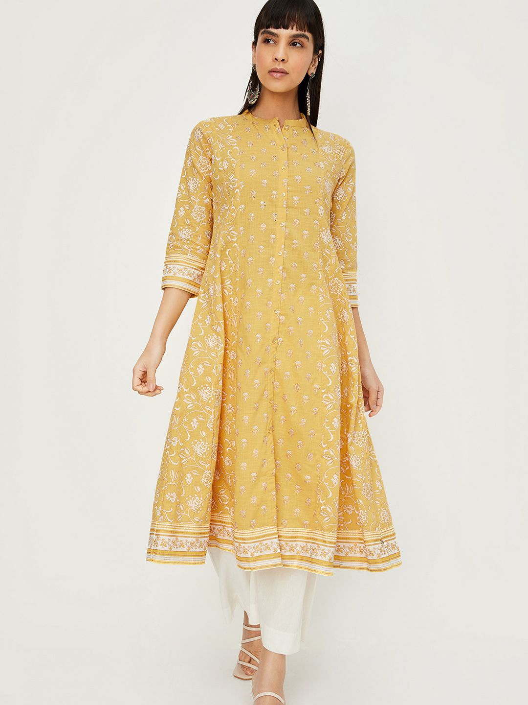 

max Floral Printed Mandarin Collar Cotton Panelled Anarkali Kurta, Yellow