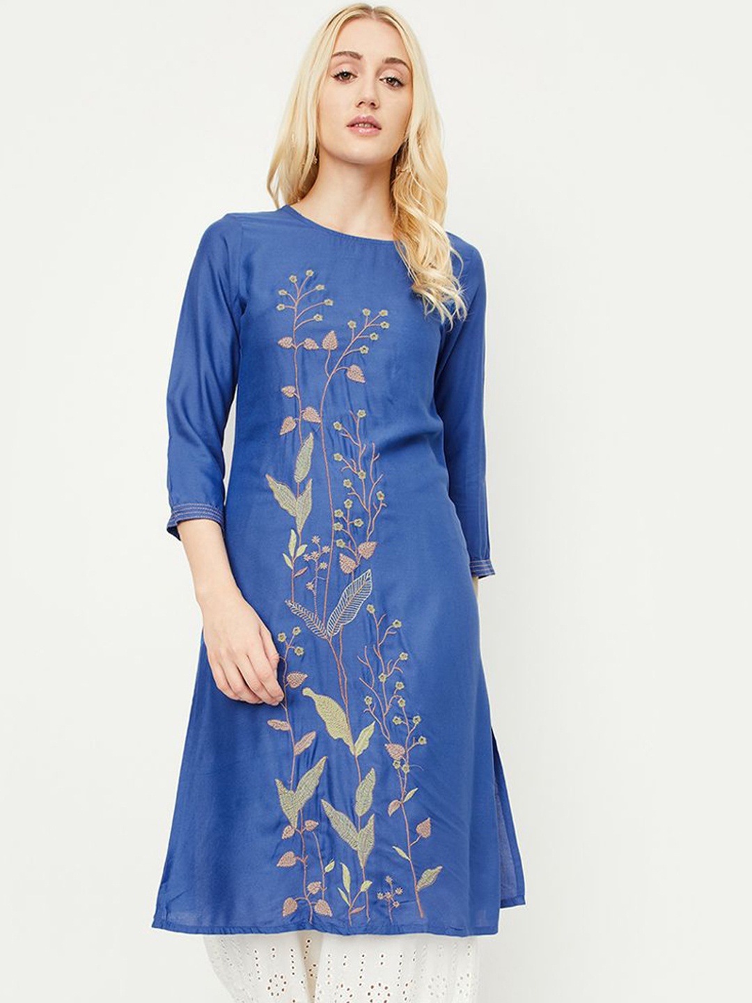 

max Women Embroidered Flared Sleeves Thread Work Kurta, Blue