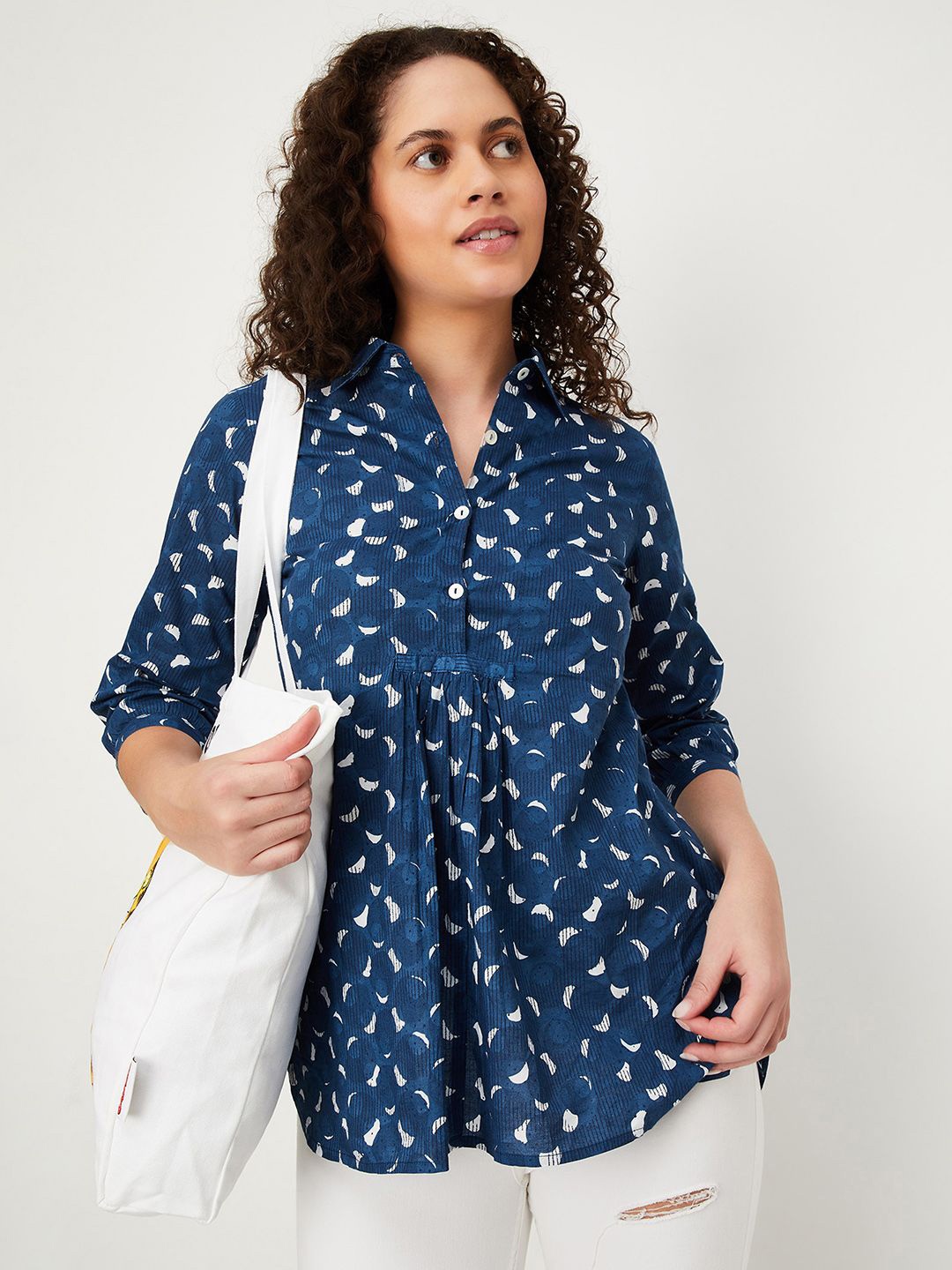 

max Geometric Printed Shirt Collar Pleated Detailed Casual Tunic, Blue