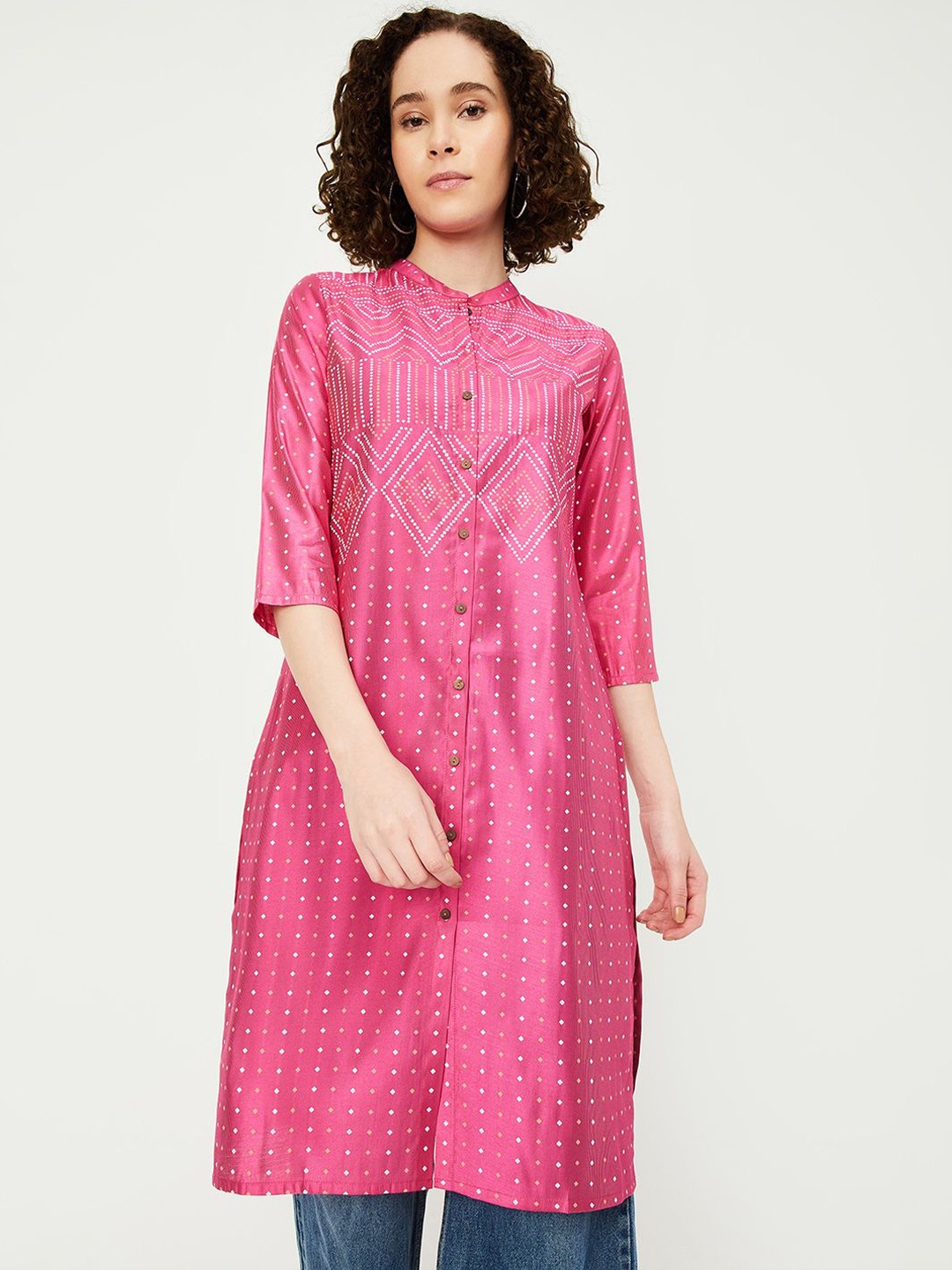 

max Geometric Printed Mandarin Collar Kurta, Pink