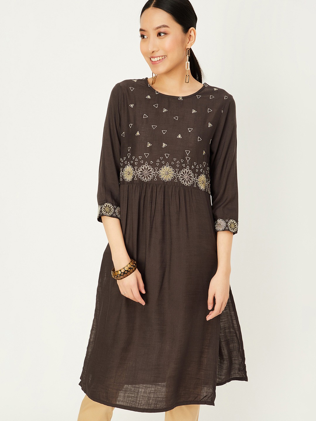 

max Women Embellished Thread Work Anarkali Kurta, Brown