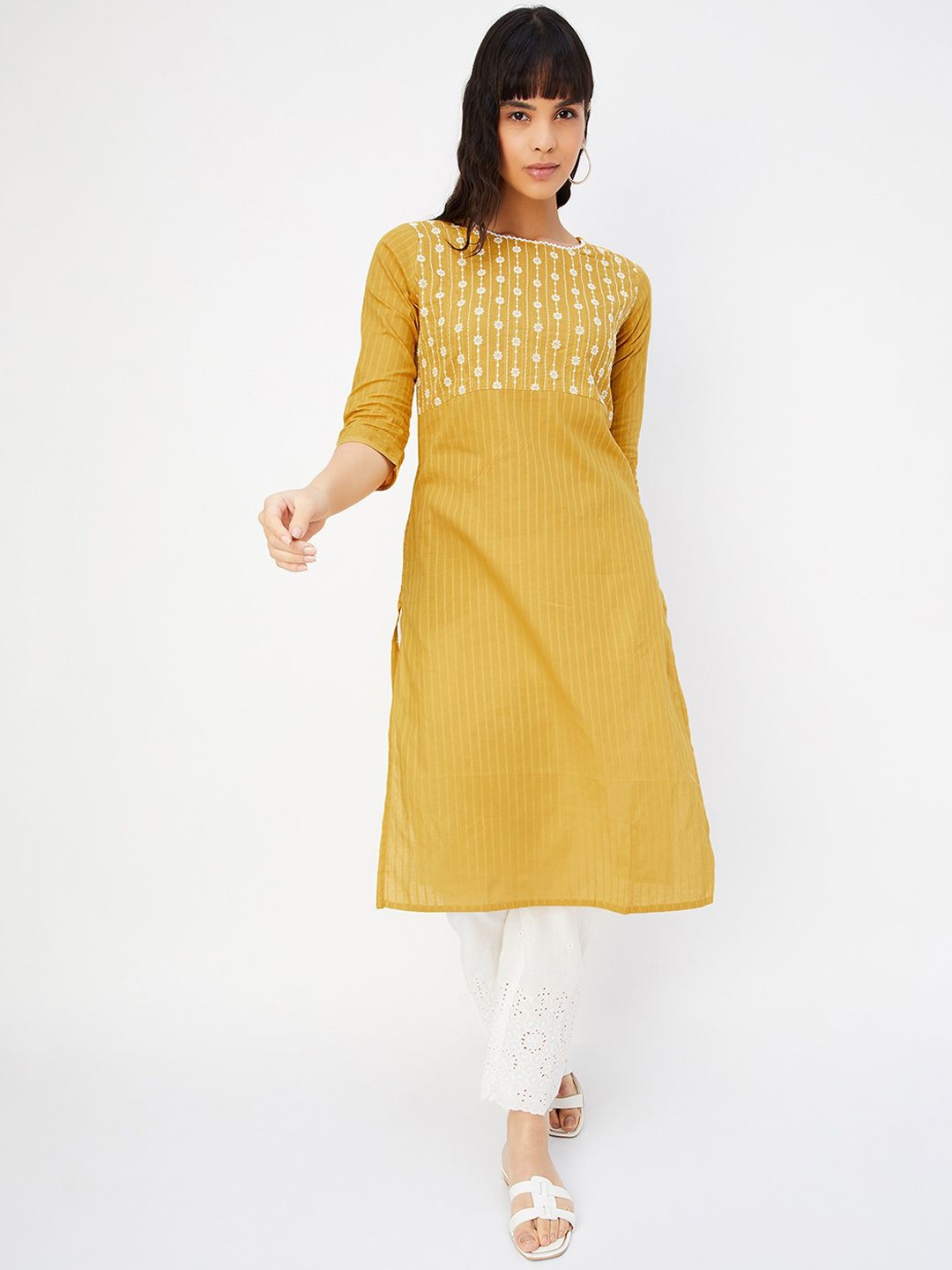 

max Floral Yoke Design Boat Neck Thread Work Kurta, Yellow