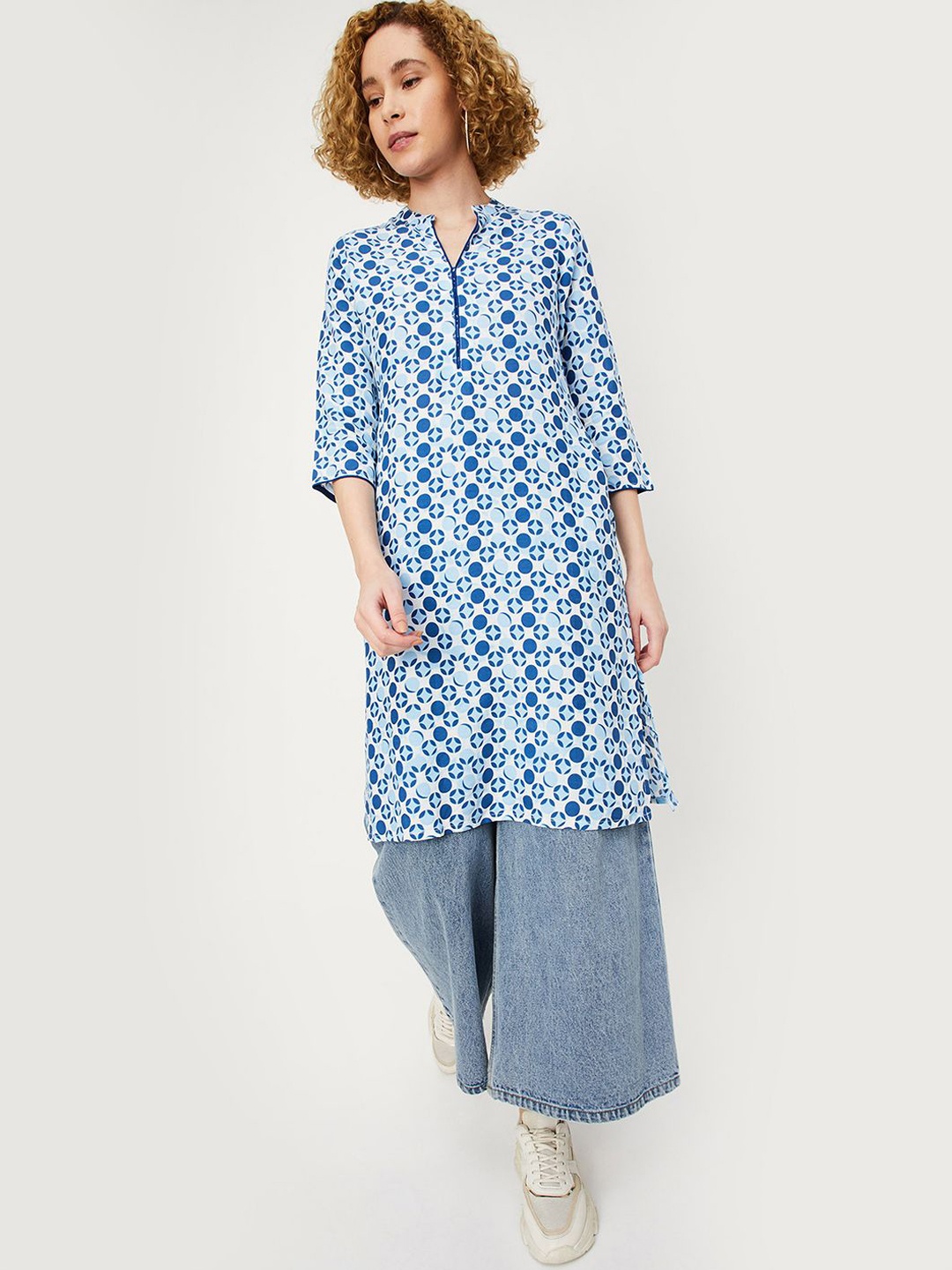 

max Women Geometric Printed Thread Work Kurta, Blue