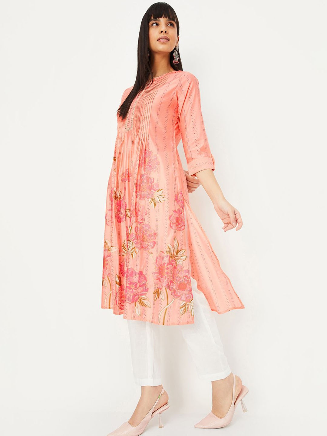 

max Floral Printed Sequined Pleated A-Line Kurta, Orange