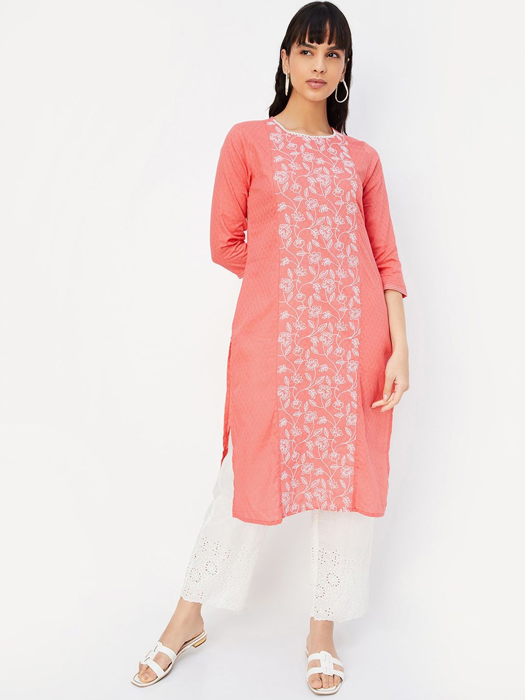 

max Floral Printed Thread Work Cotton Straight Kurta, Pink