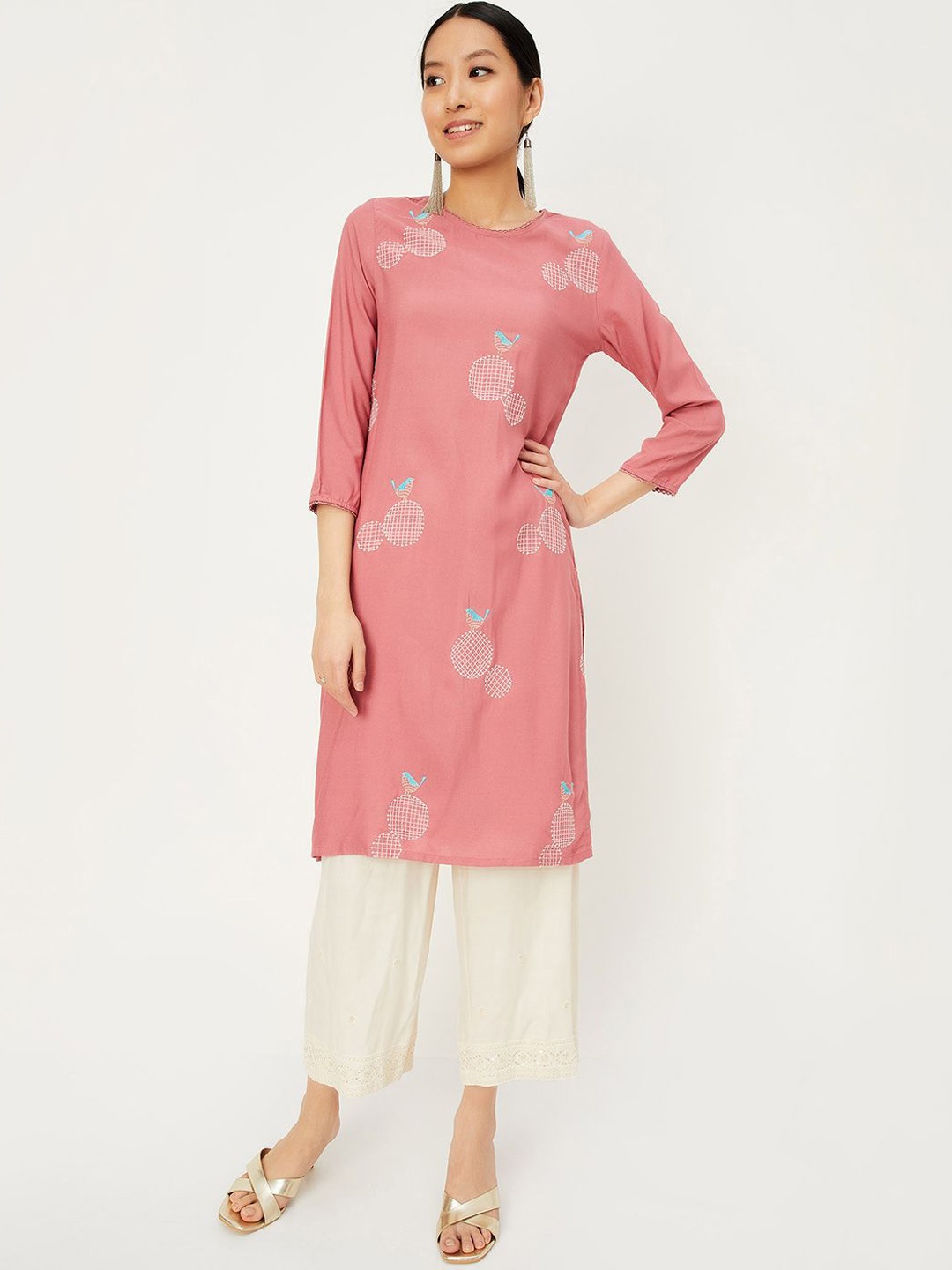 

max Women Ethnic Motifs Embroidered Keyhole Neck Sequinned Kurta, Pink