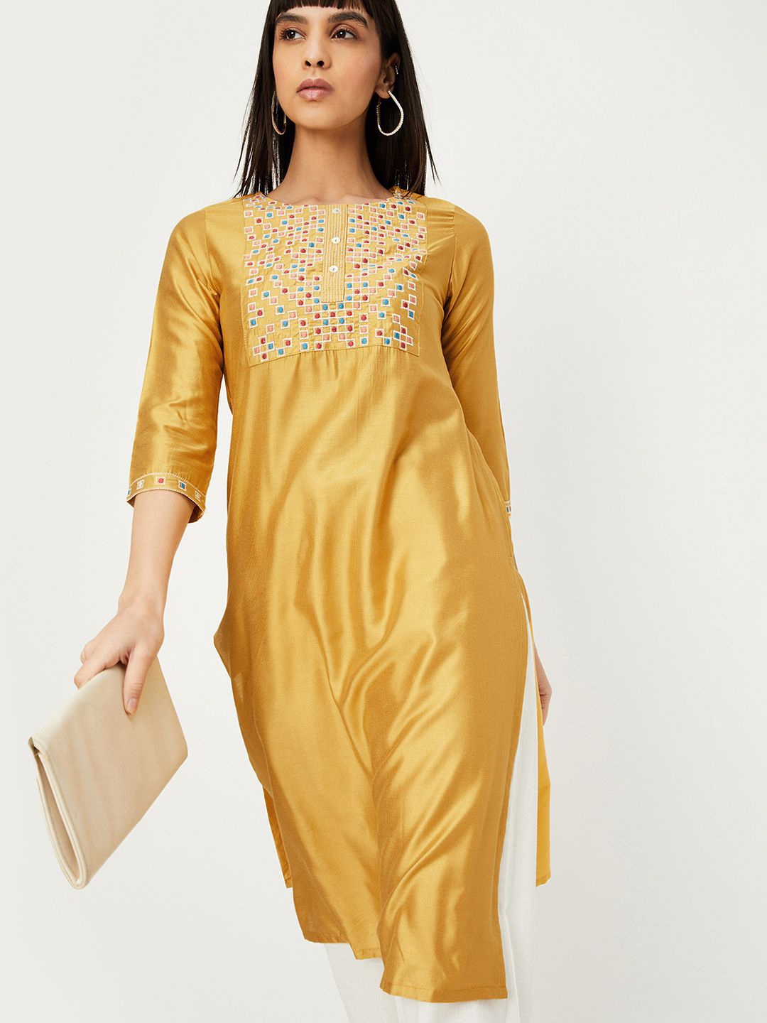 

max Floral Yoke Design Boat Neck Thread Work Kurta, Yellow