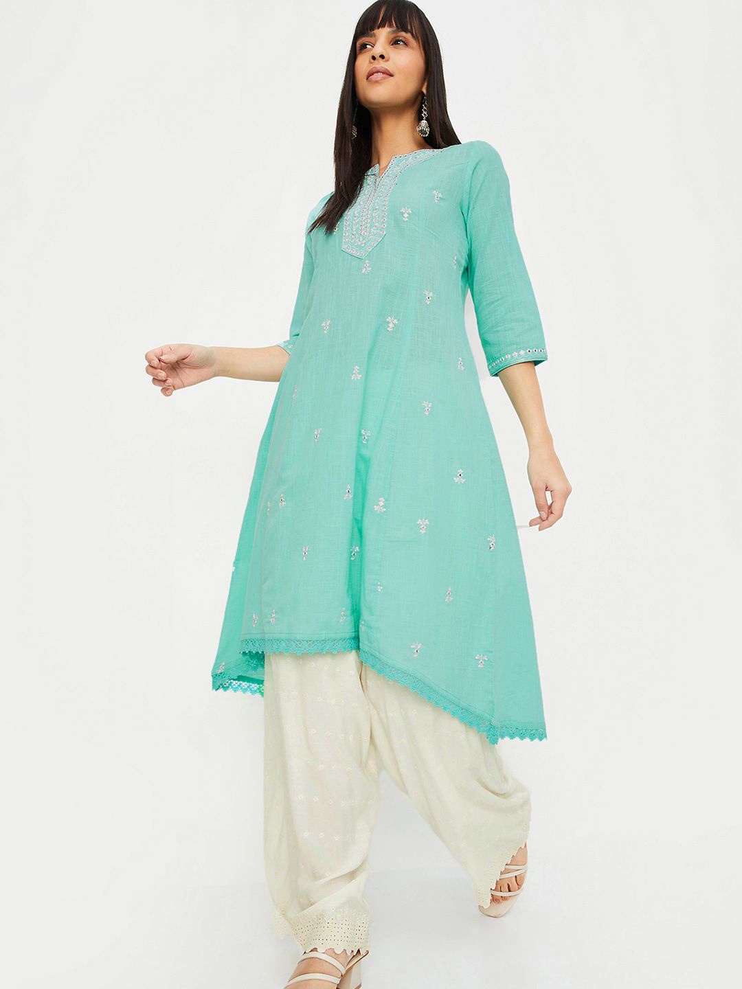 

max Ethnic Motifs Embroidered Mirror Work High-Low Hem Anarkali Kurta, Blue