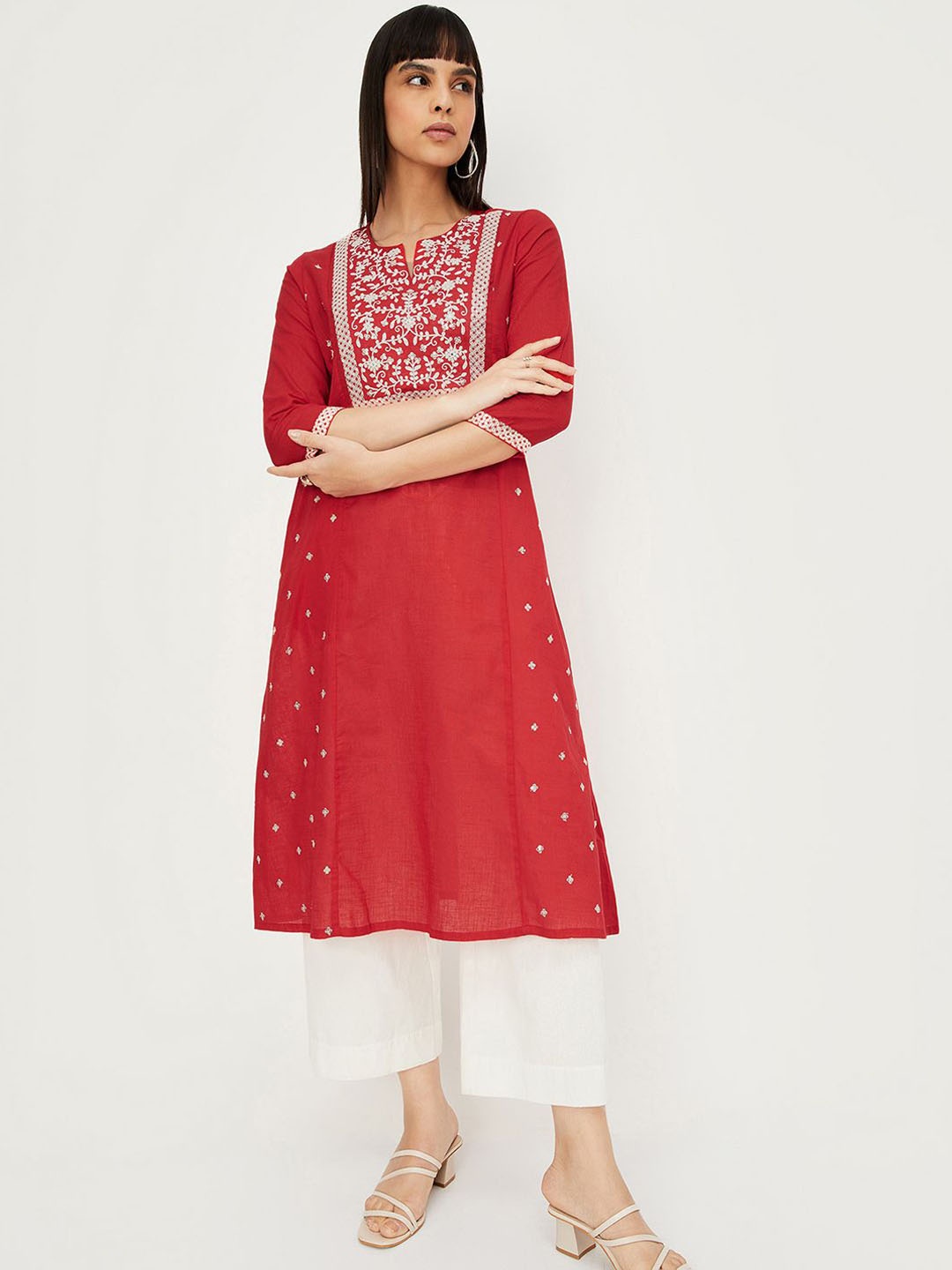 

max Ethnic Motifs Embroidered Notch Neck Thread Work A-Line Kurta, Red