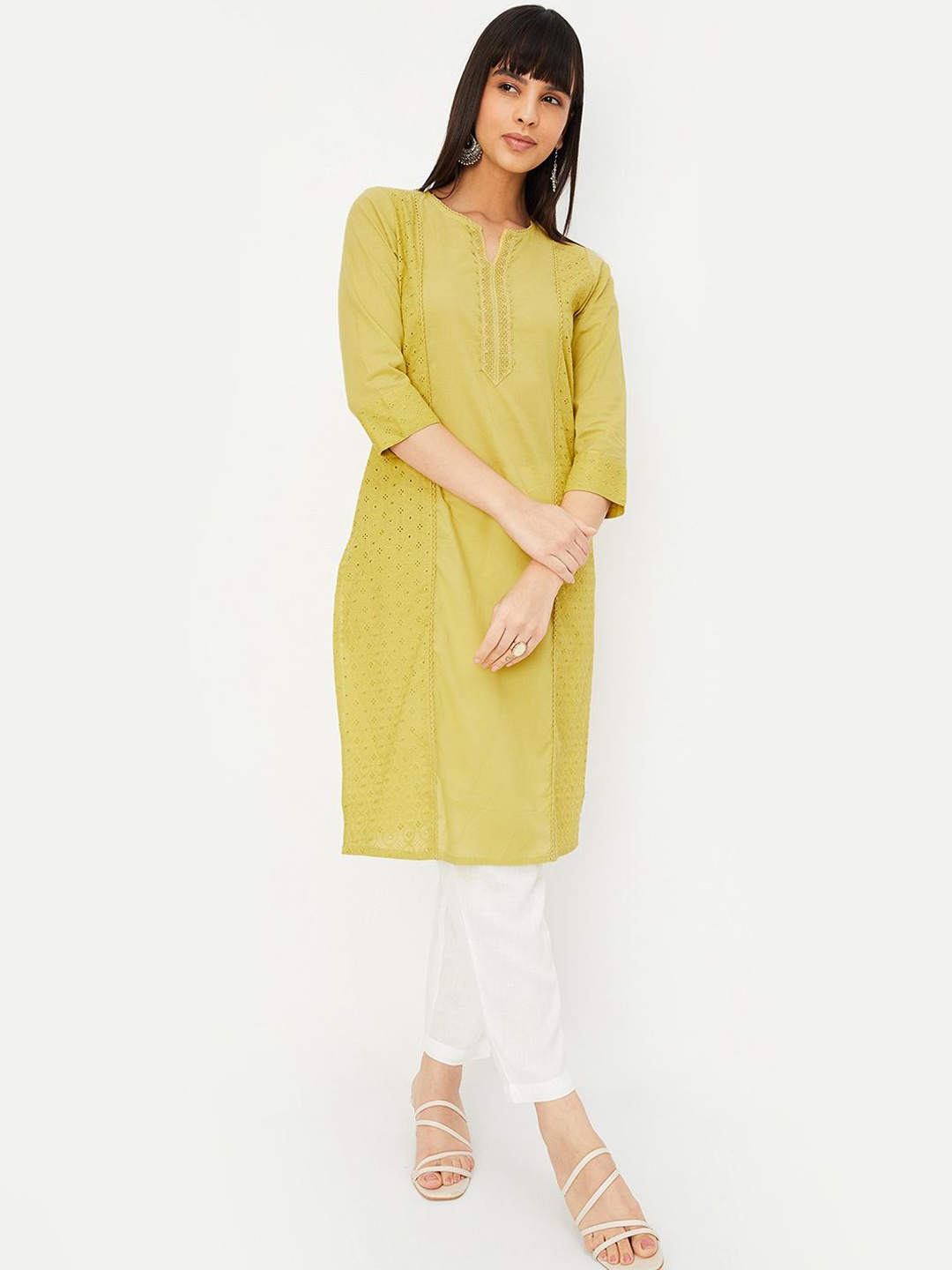 

max Ethnic Motifs Embroidered Mandarin Collar Thread Work Cotton Kurta, Yellow