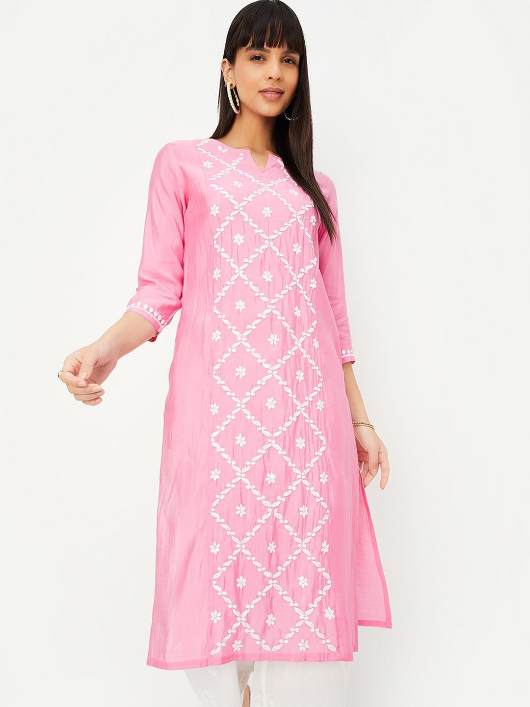 

max Ethnic Motifs Embroidered Notch Neck Thread Work Kurta, Pink