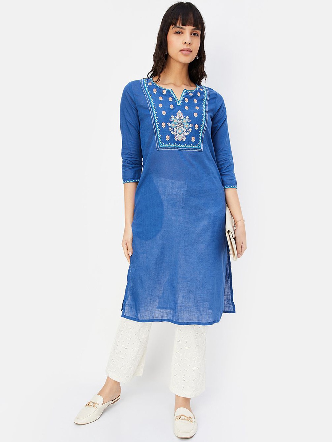 max Floral Yoke Design Notch Neck Thread Work Kurta, Blue