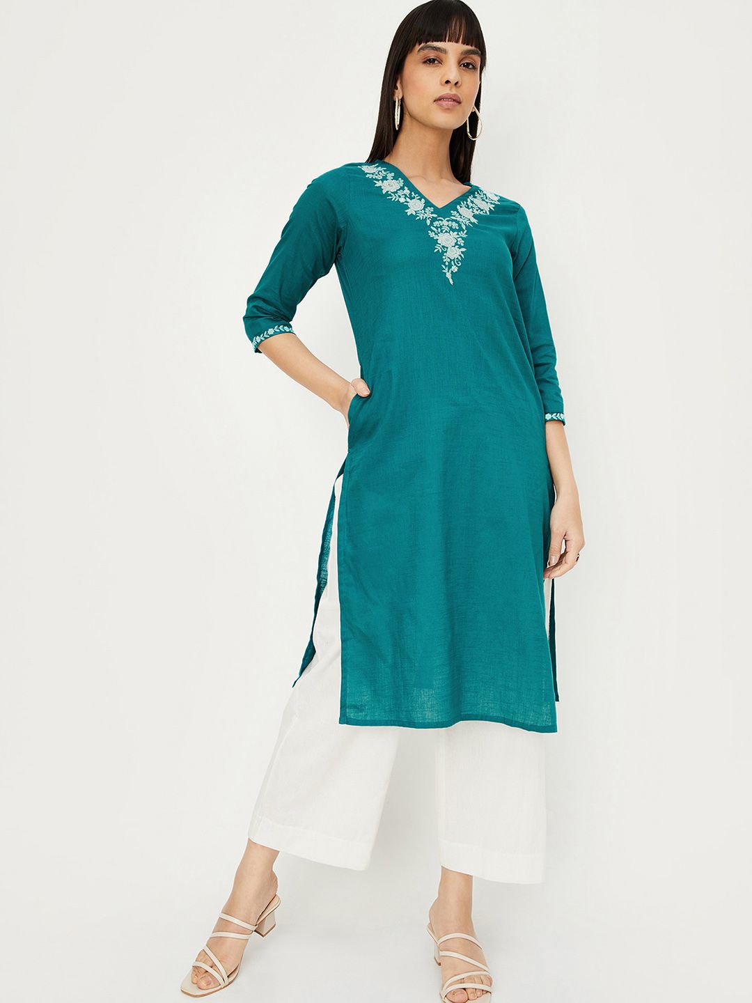 

max Floral Embroidered V-neck Three-Quarter Sleeves Thread Work Kurta, Green