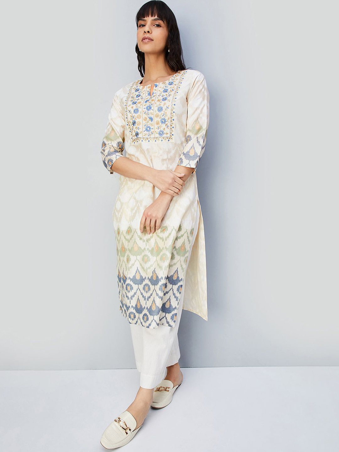 

max Abstract Printed Round Neck Thread Work Cotton Straight Kurta, Beige