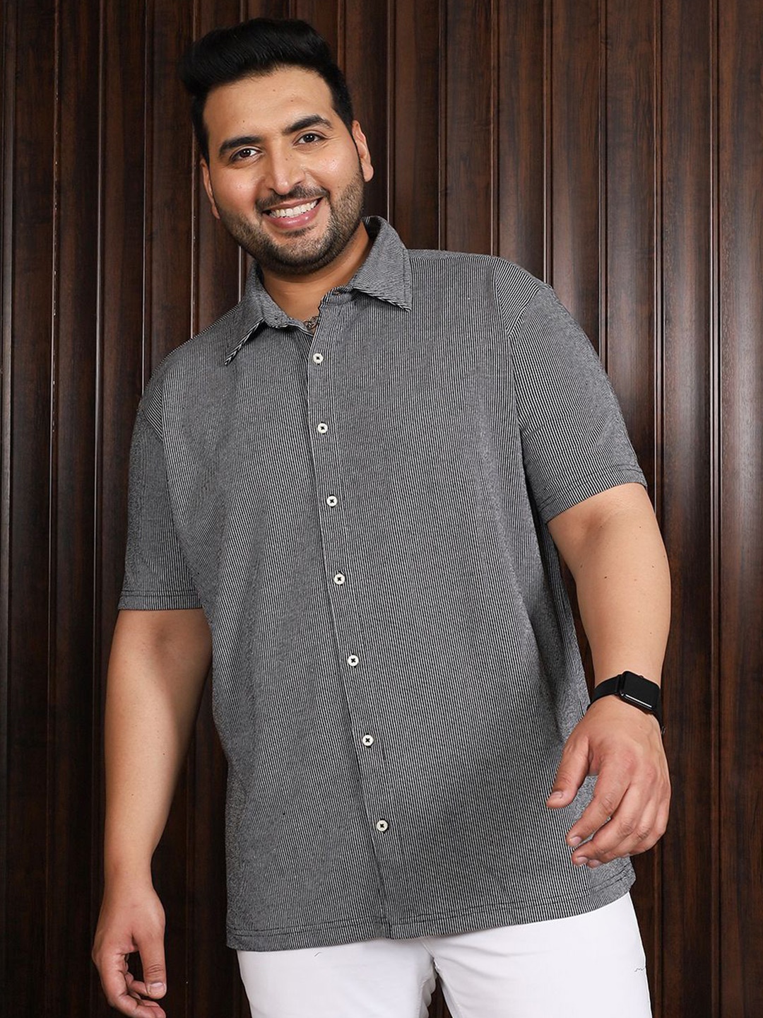 

bigbanana Men Plus Size Striped Knitted Shirt, Grey