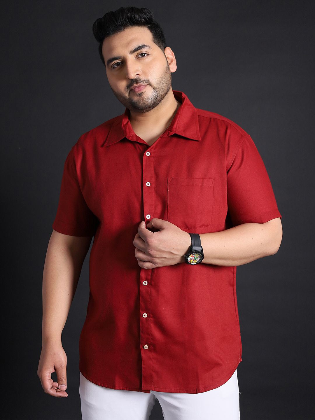 

bigbanana Plus Size Spread Collar Short Sleeves Cotton Casual Shirt, Red