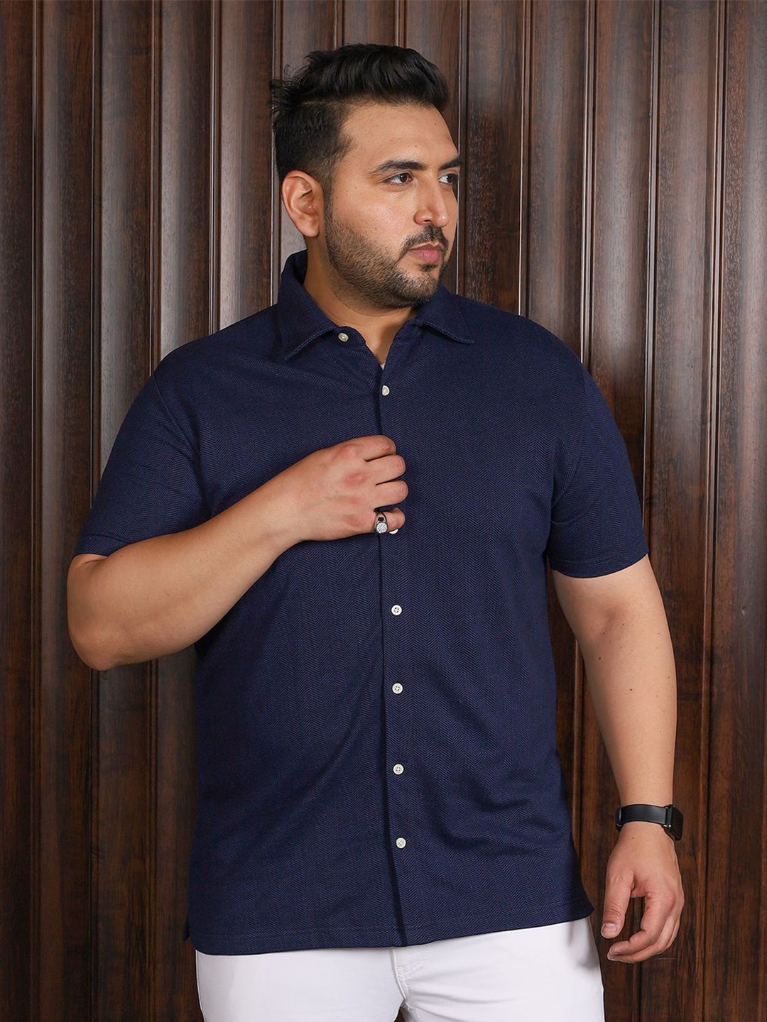 

bigbanana Men Plus Size Striped Knitted Shirt, Navy blue